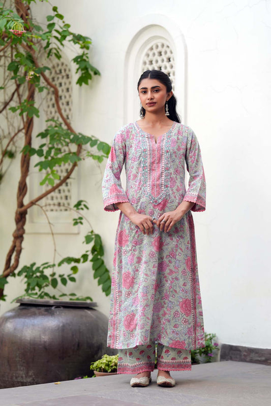 Aqua Green Straight Fit Handblock Cotton Kurta