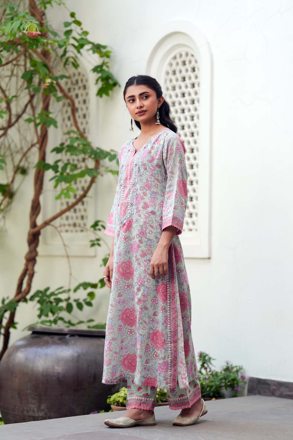 Aqua Green Straight Fit Handblock Cotton Kurta
