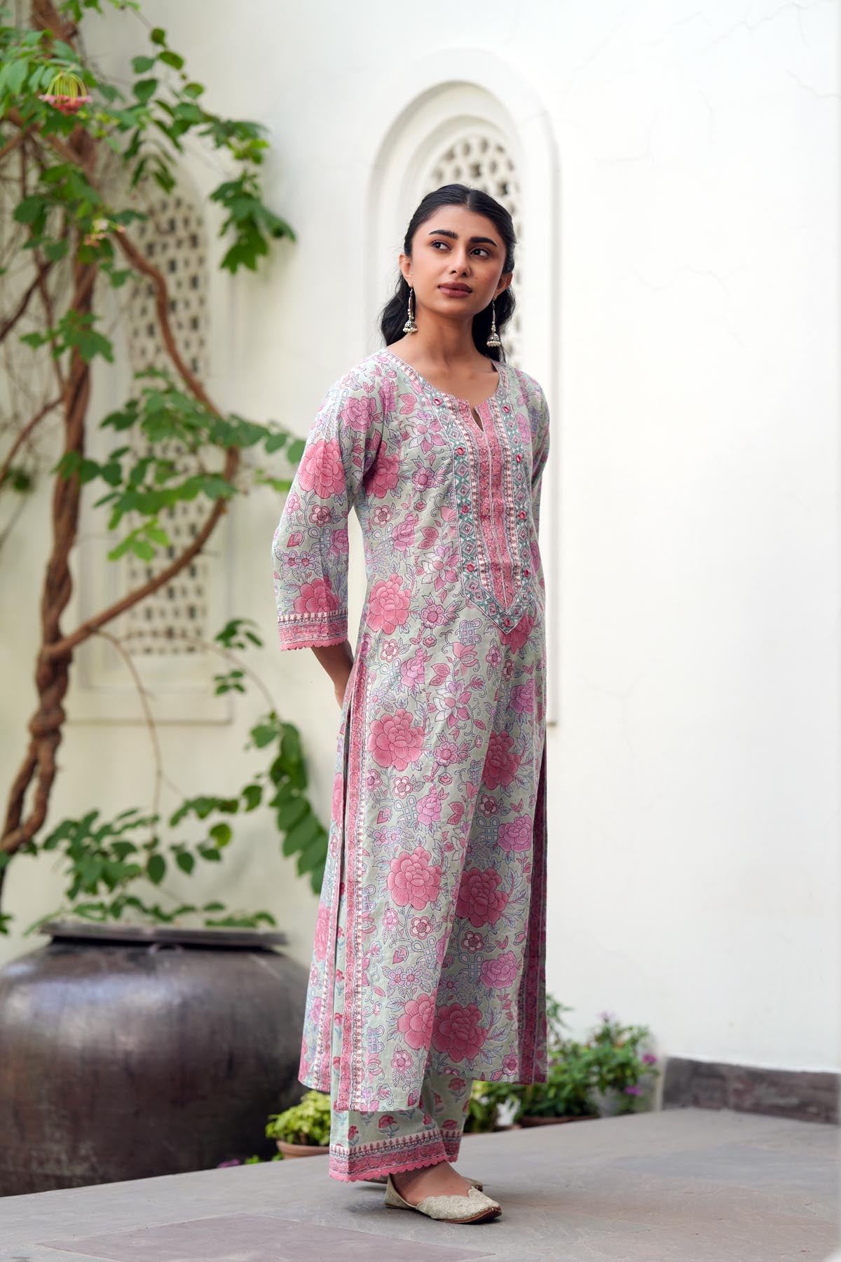 Aqua Green Straight Fit Handblock Cotton Kurta