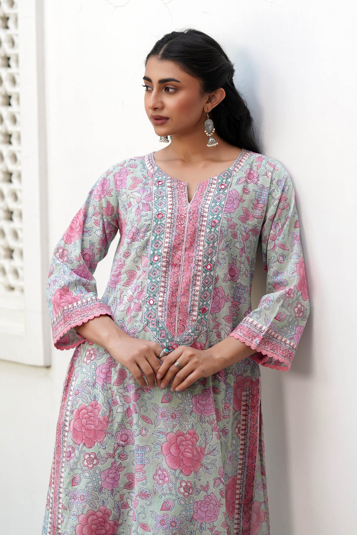 Aqua Green Straight Fit Handblock Cotton Kurta