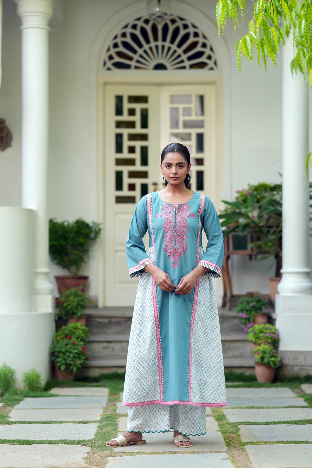 Grey & Pink Embroidered A-line Kurta