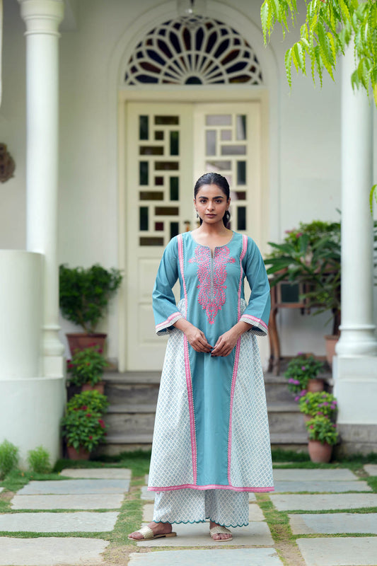 Grey & Pink Embroidered A-line Kurta