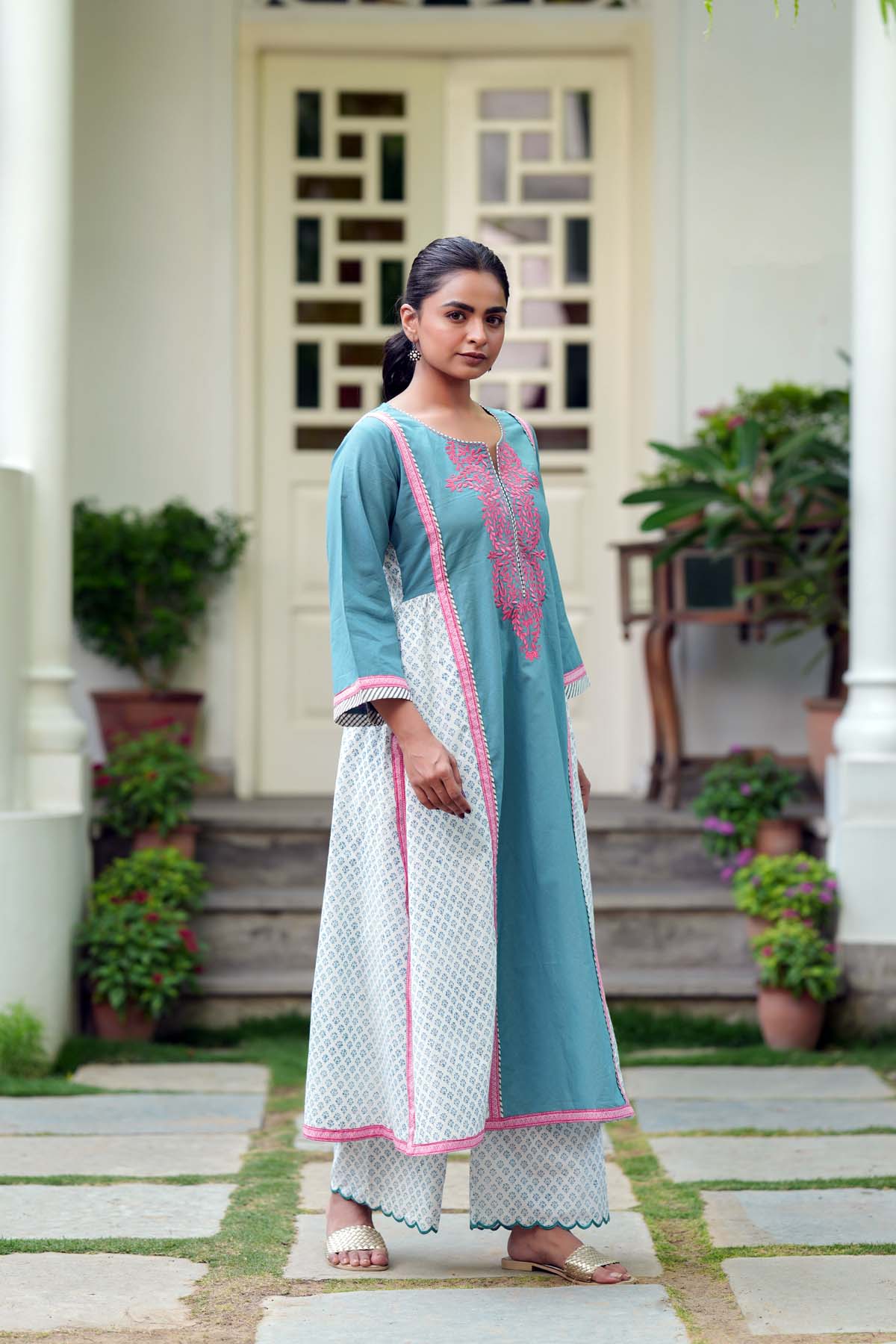 Grey & Pink Embroidered A-line Kurta