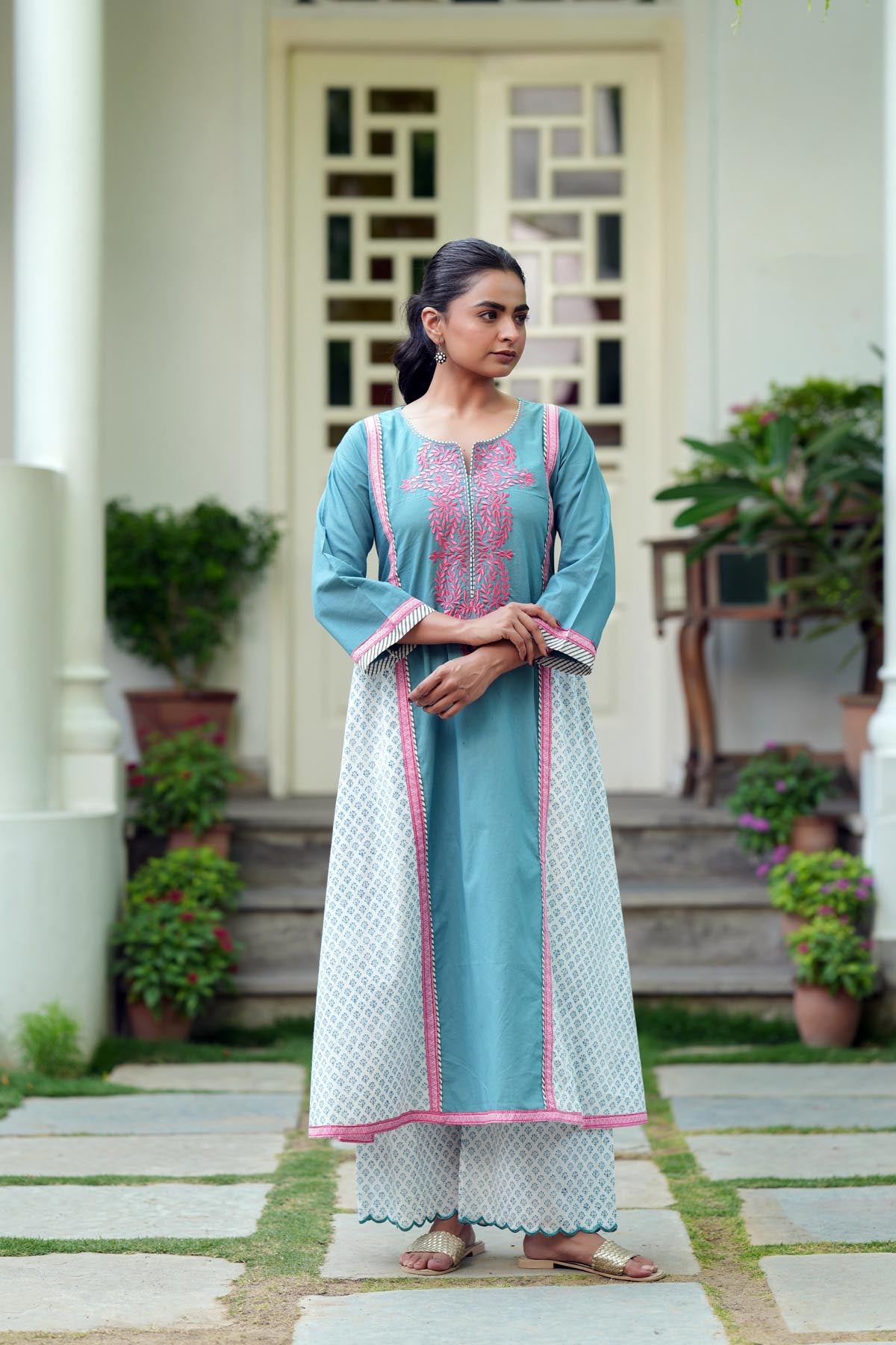 Grey & Pink Embroidered A-line Kurta