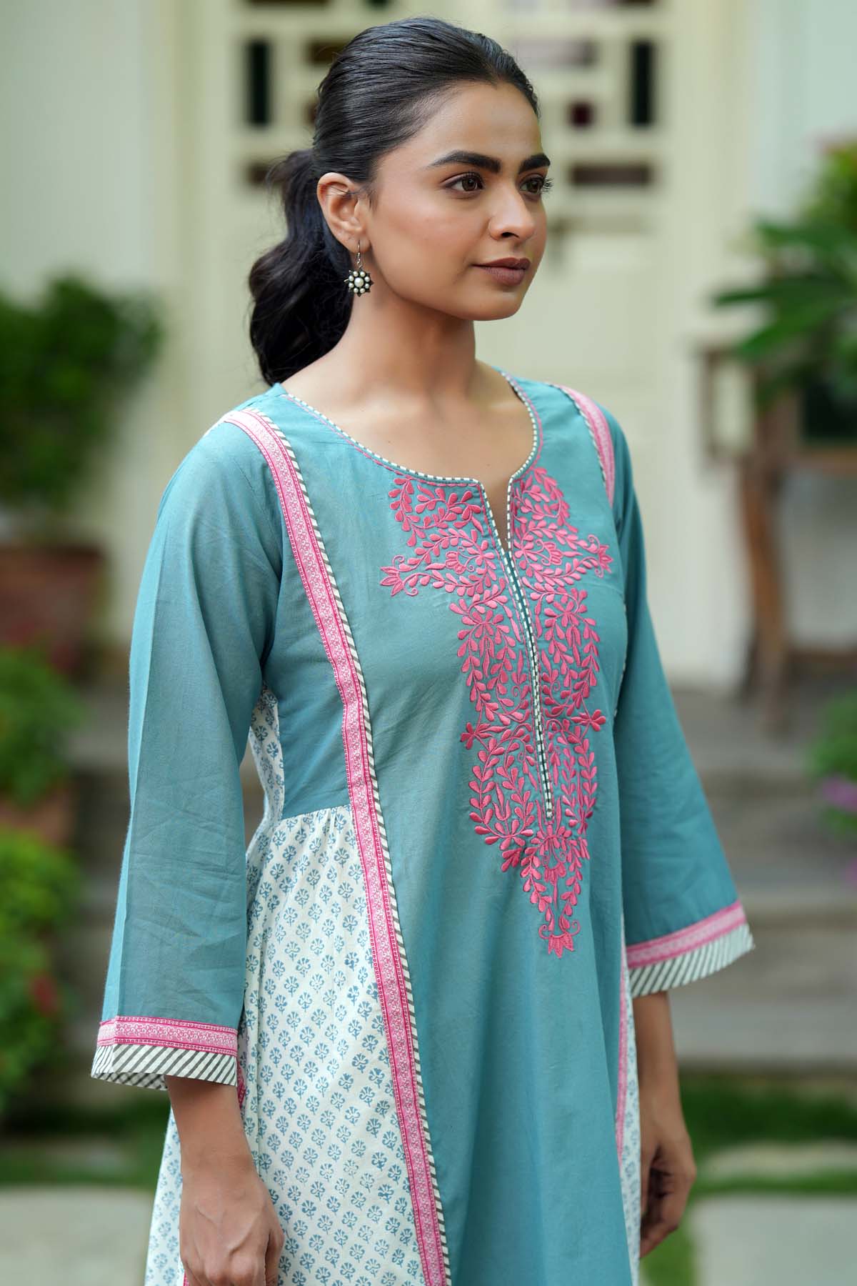 Grey & Pink Embroidered A-line Kurta