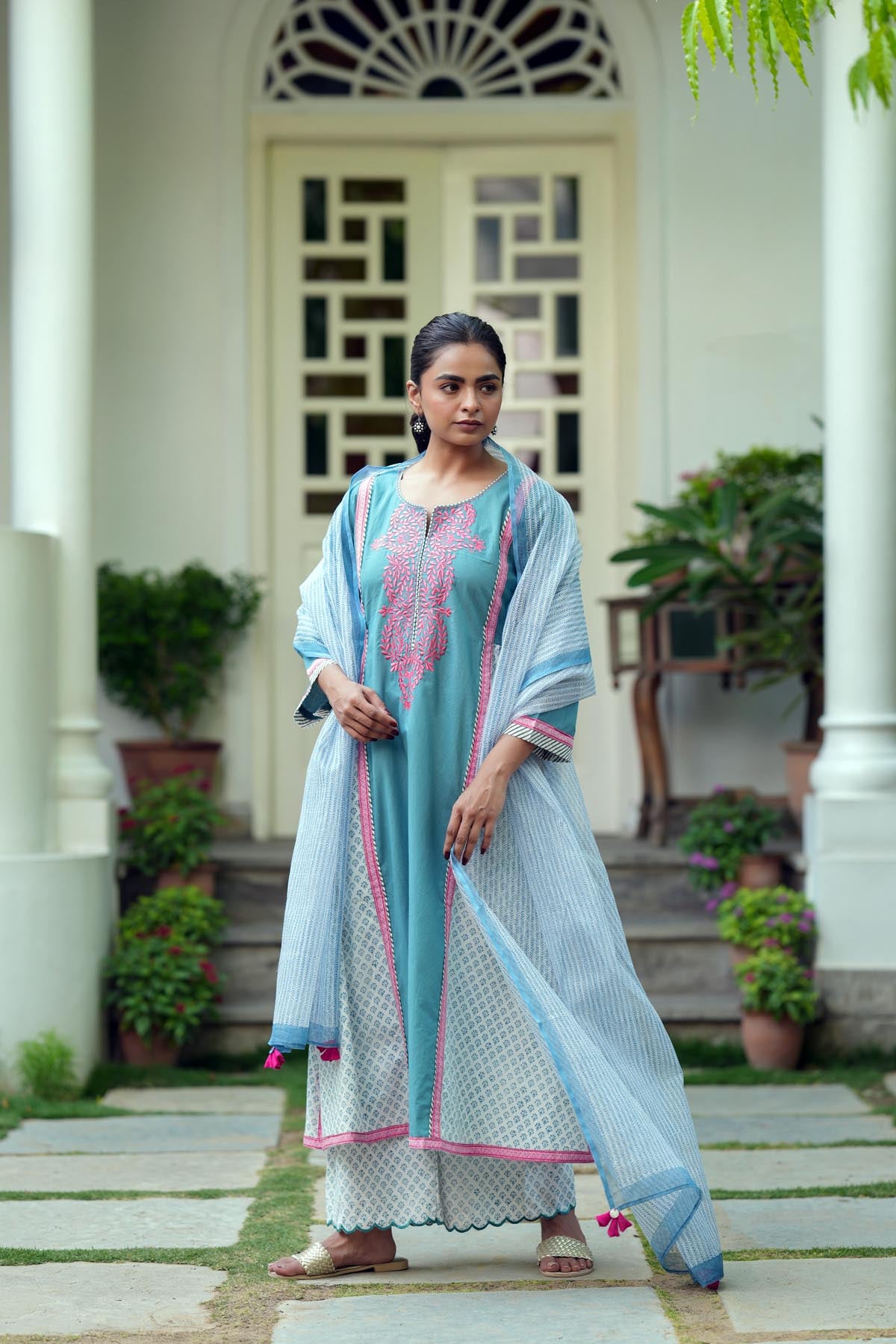 Grey & Pink Embroidered A-line Kurta