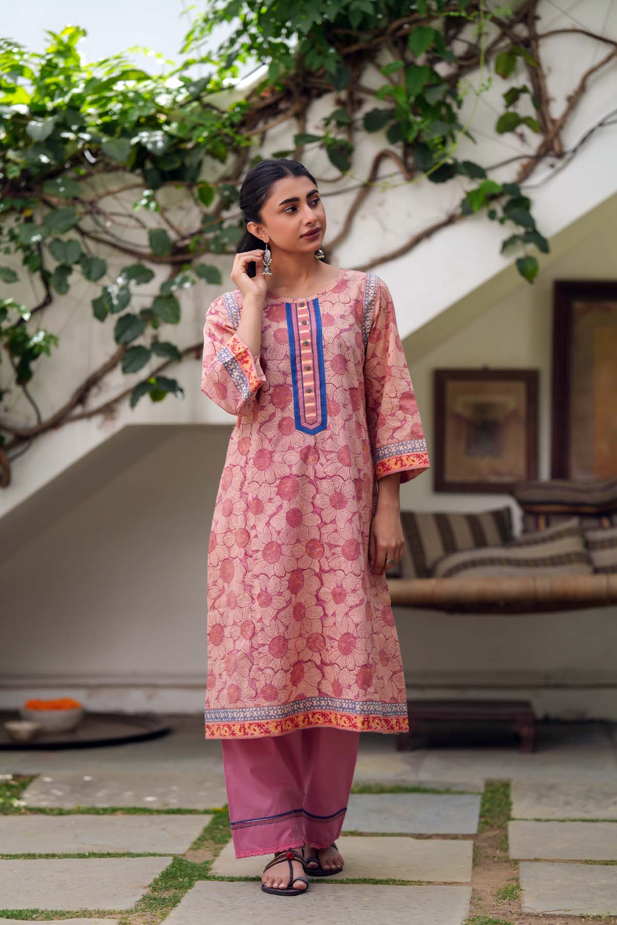 Peach Handblock Printed Short Length Kurta