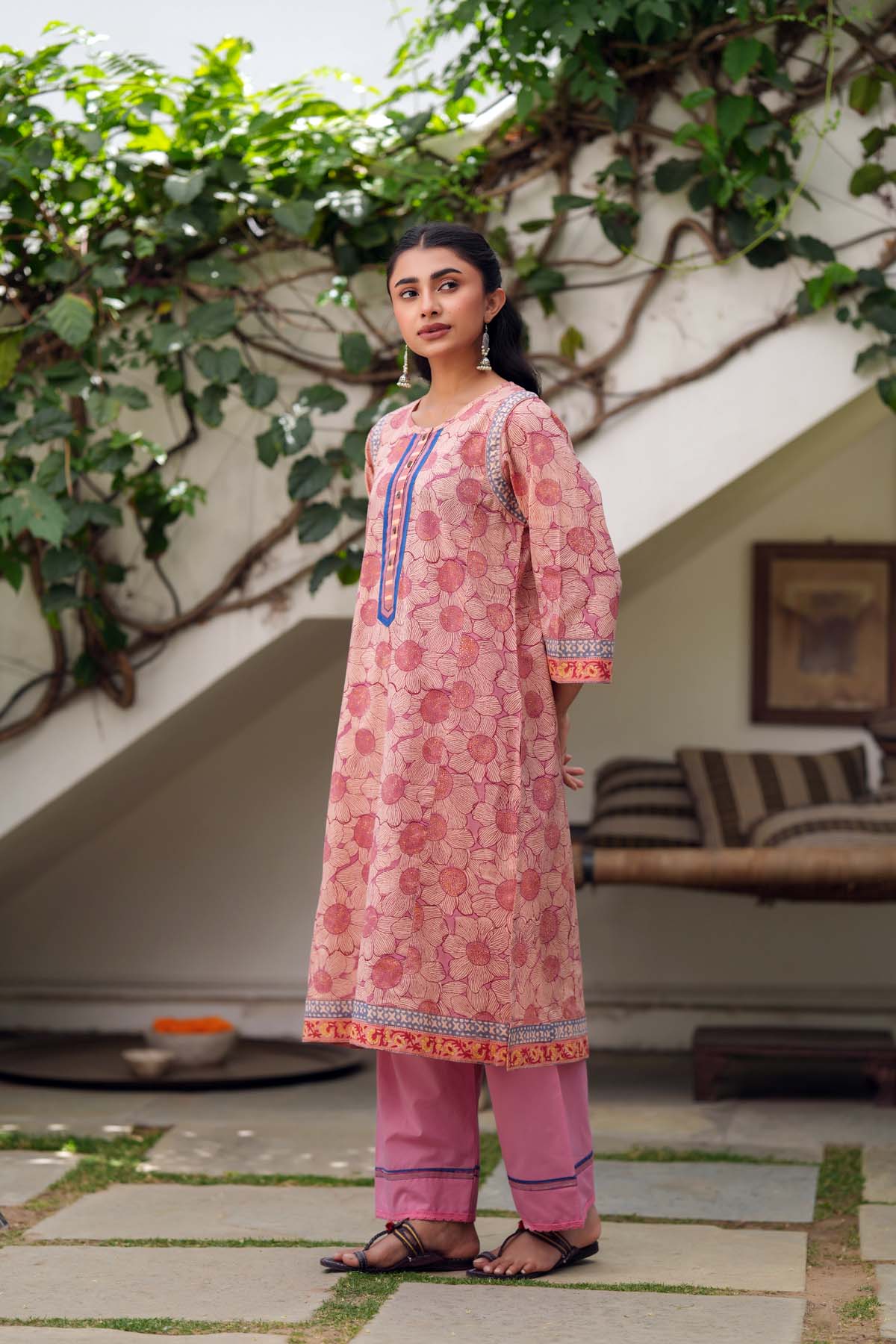 Peach Handblock Printed Short Length Kurta