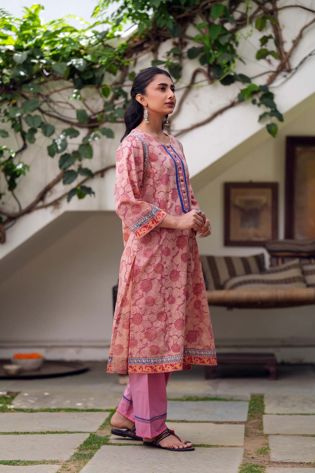 Peach Handblock Printed Short Length Kurta