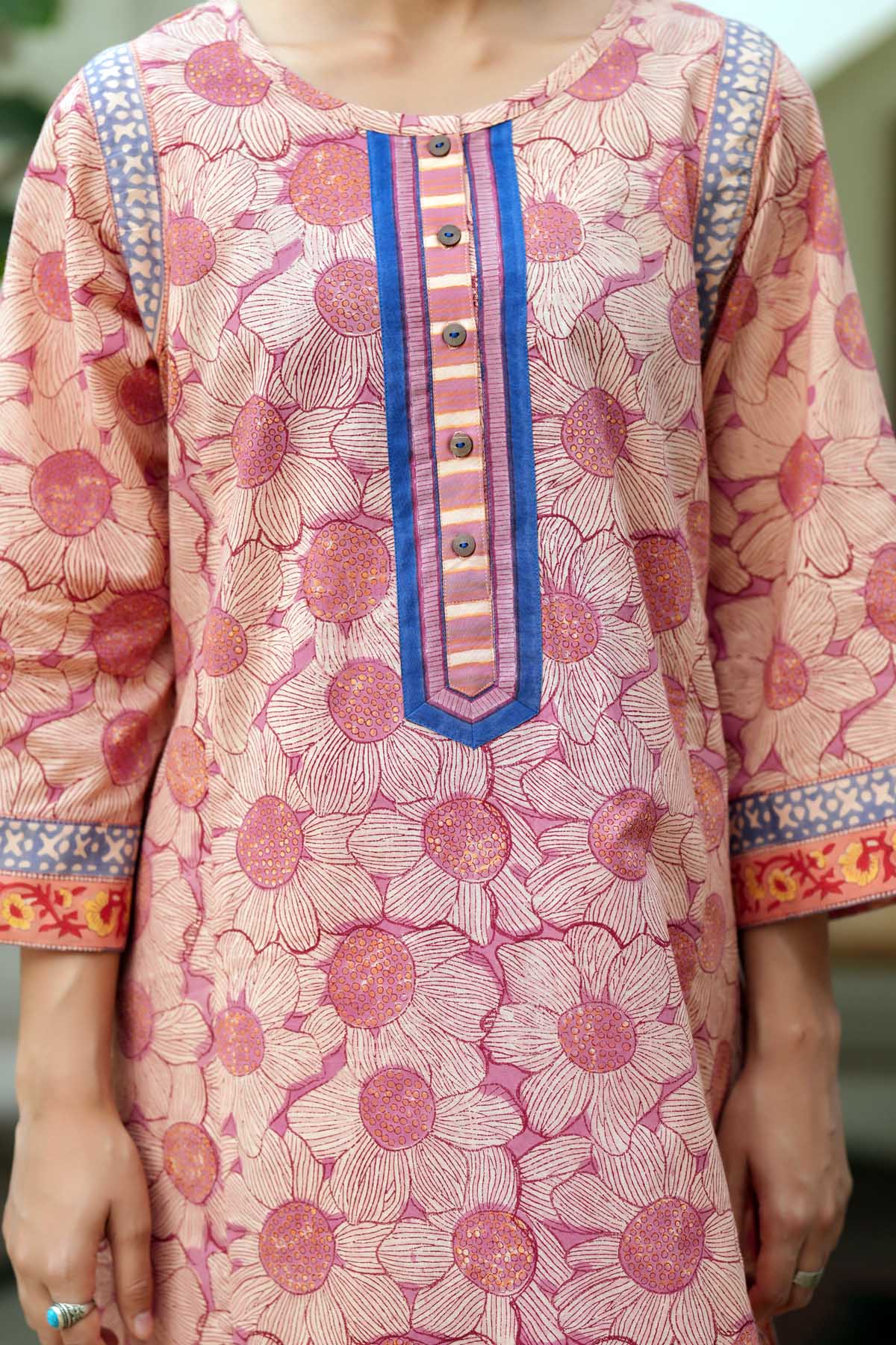 Peach Handblock Printed Short Length Kurta