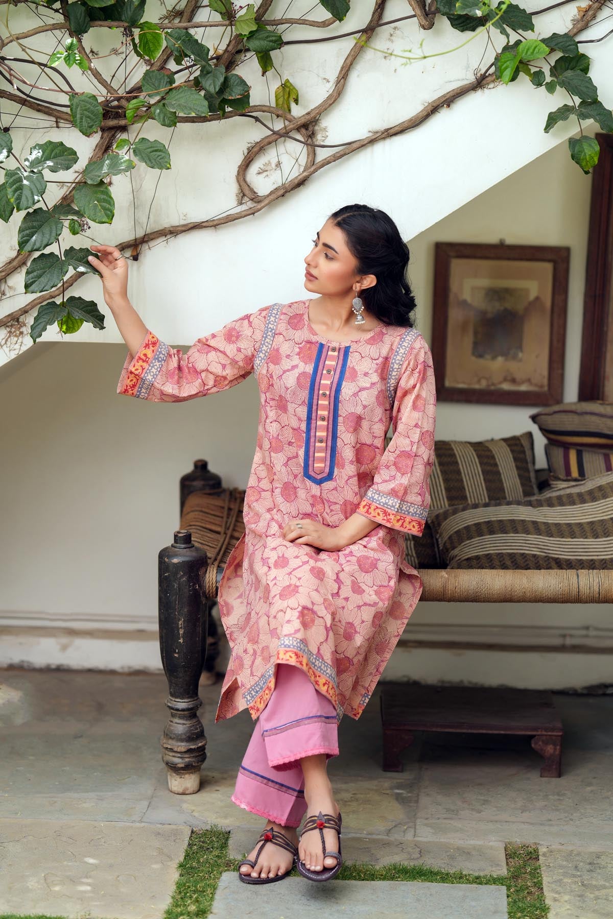 Peach Handblock Printed Short Length Kurta