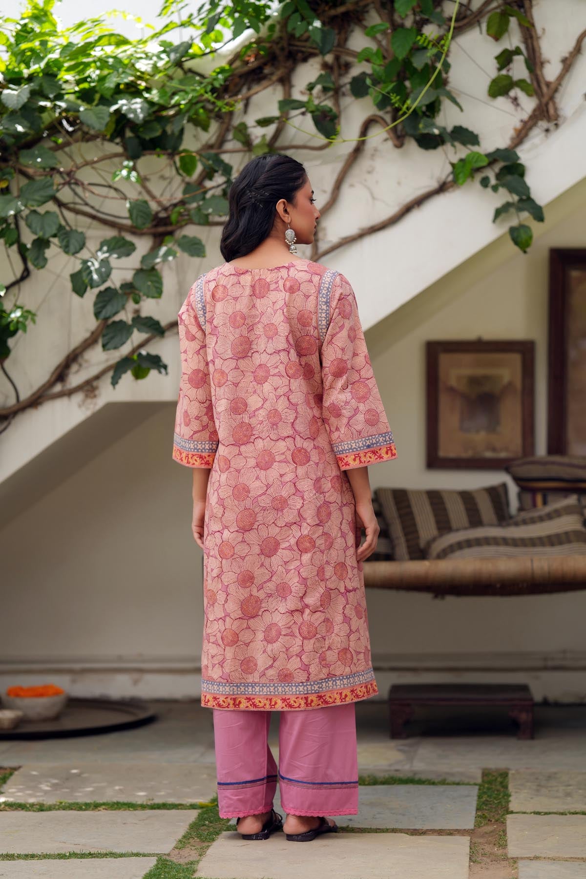 Peach Handblock Printed Short Length Kurta