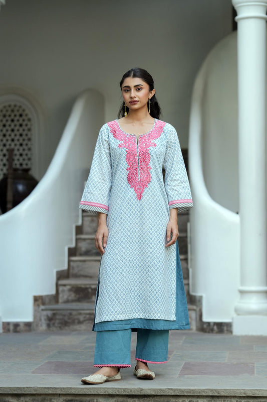 White & Blue Handblock Printed Double Layered Kurta