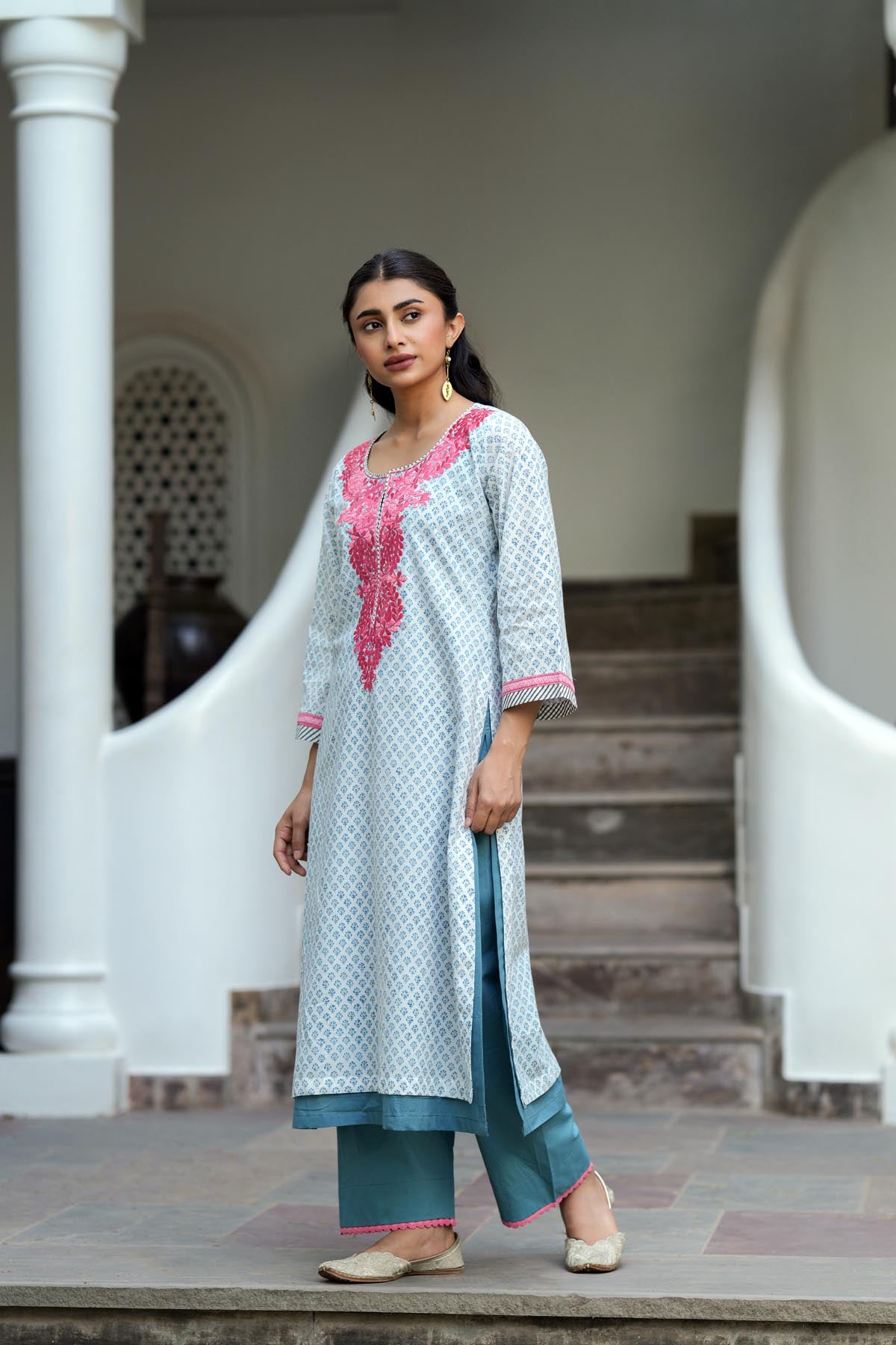 White & Blue Handblock Printed Double Layered Kurta
