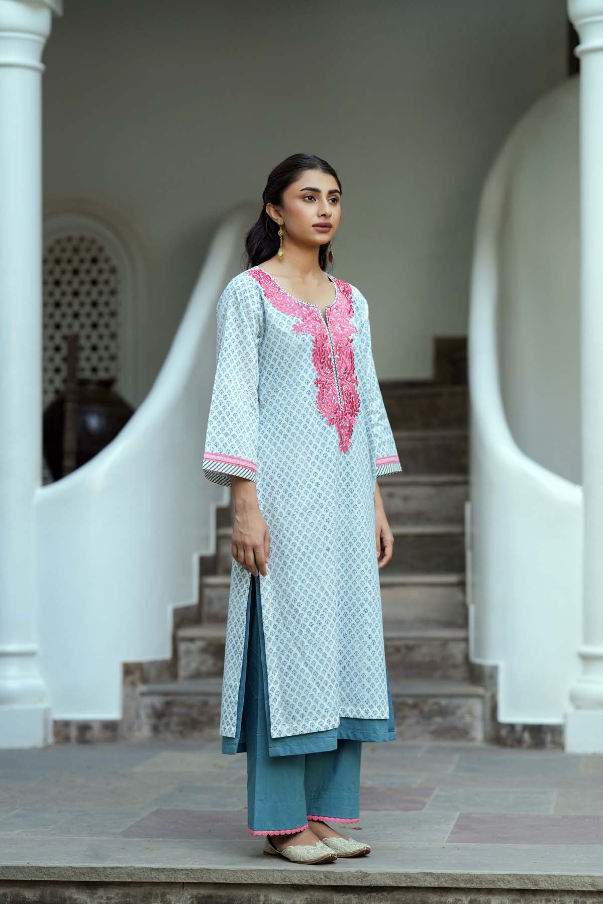 White & Blue Handblock Printed Double Layered Kurta