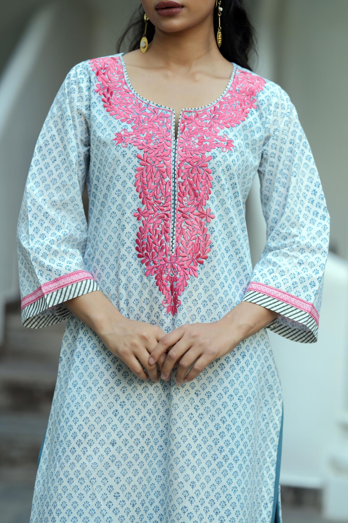White & Blue Handblock Printed Double Layered Kurta
