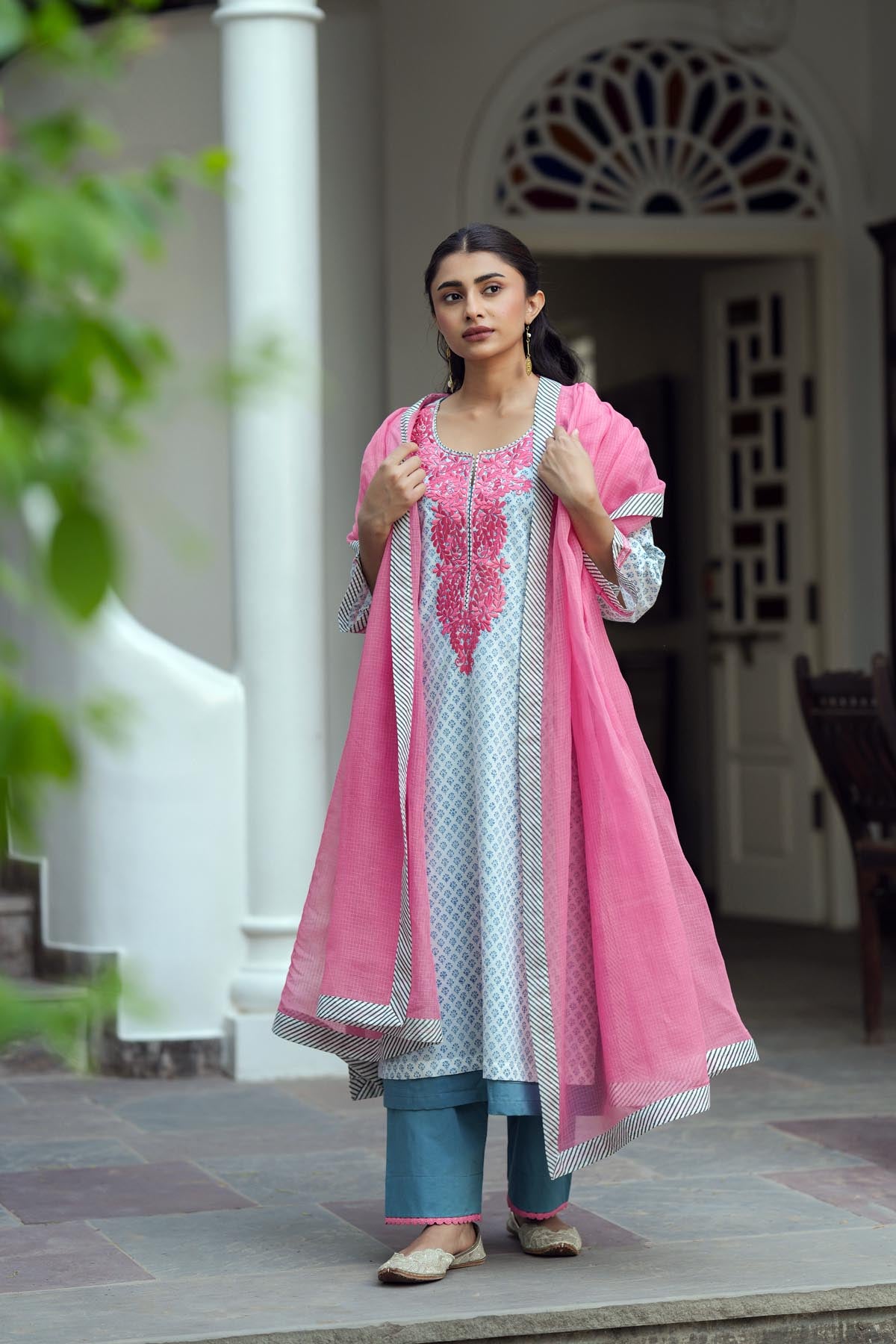 White & Blue Handblock Printed Double Layered Kurta