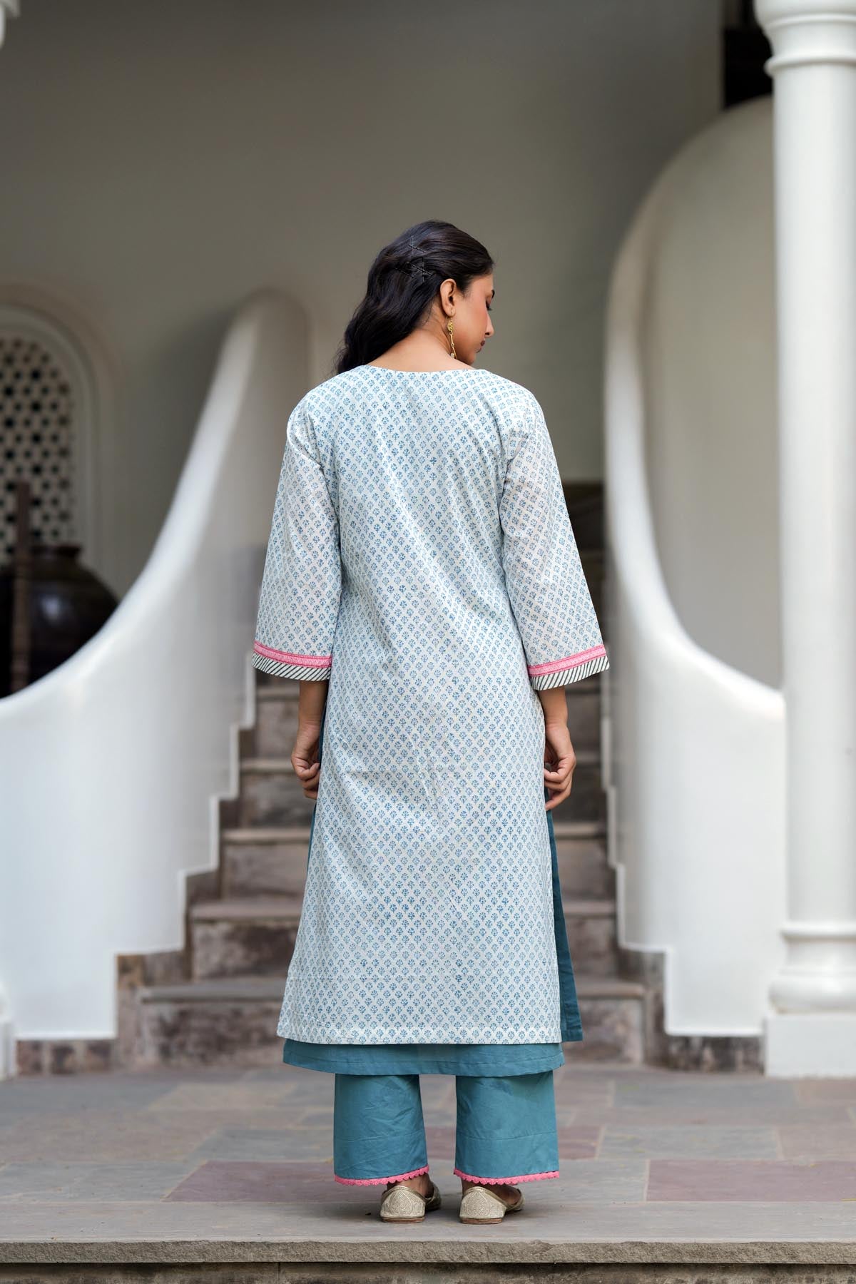 White & Blue Handblock Printed Double Layered Kurta