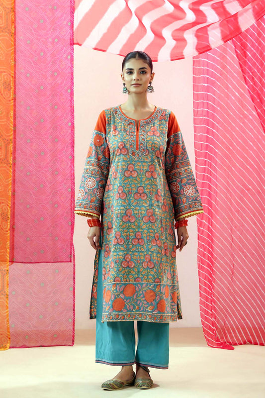 Teal Handblock Printed Kurta