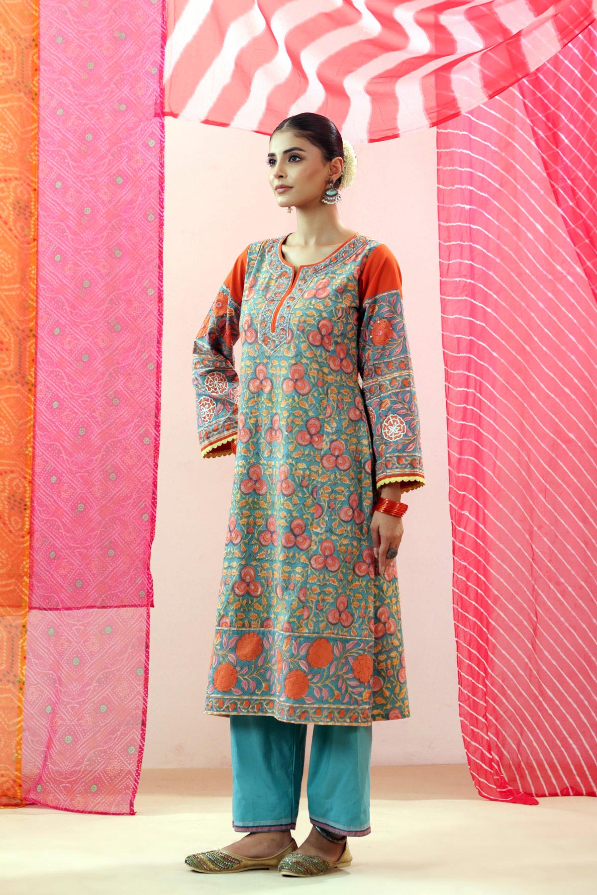 Teal Handblock Printed Kurta