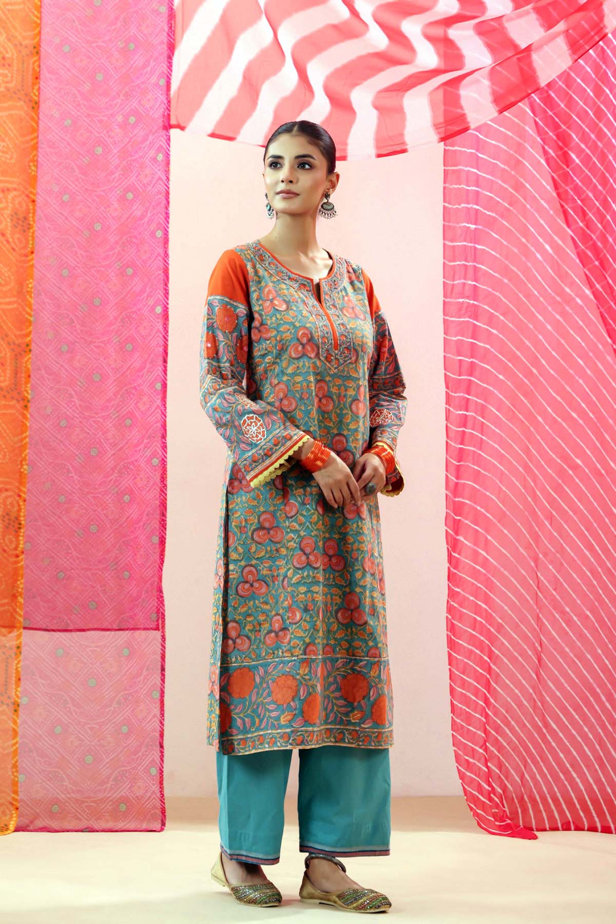 Teal Handblock Printed Kurta