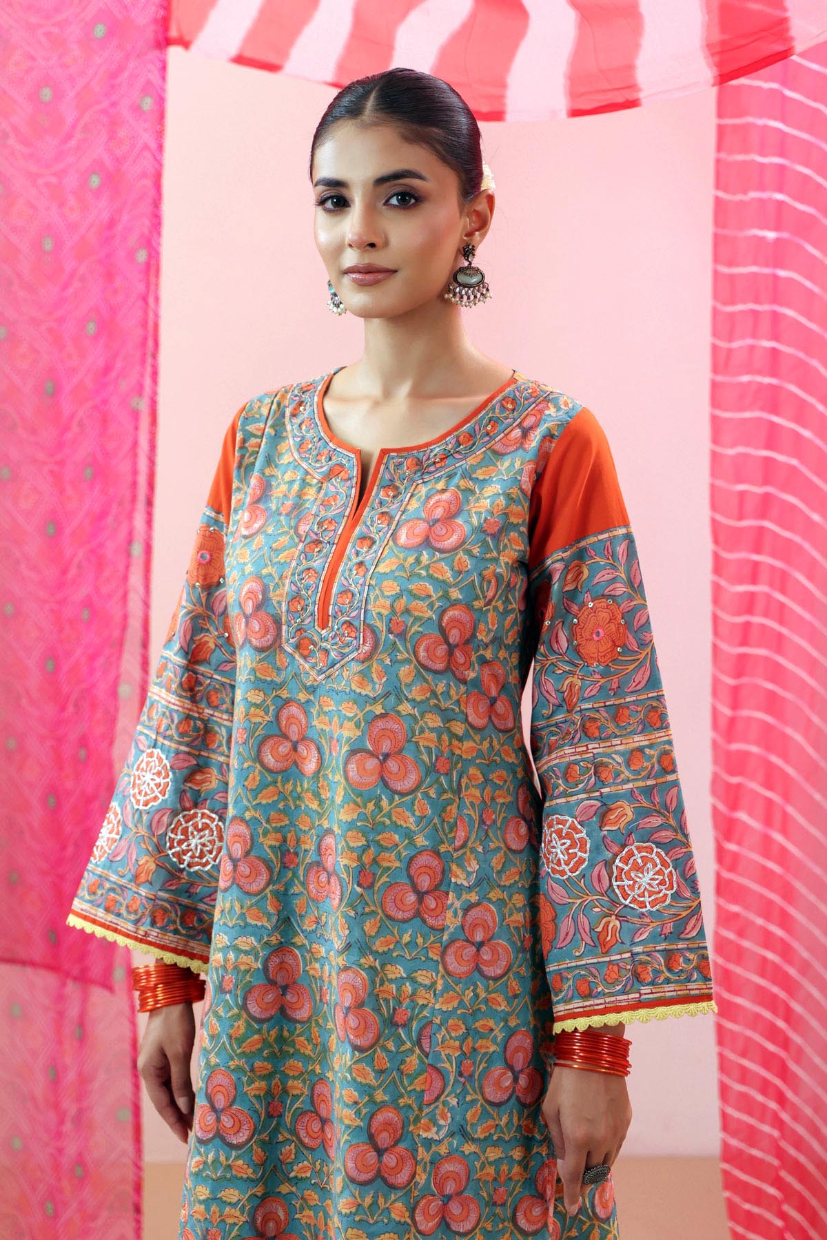 Teal Handblock Printed Kurta