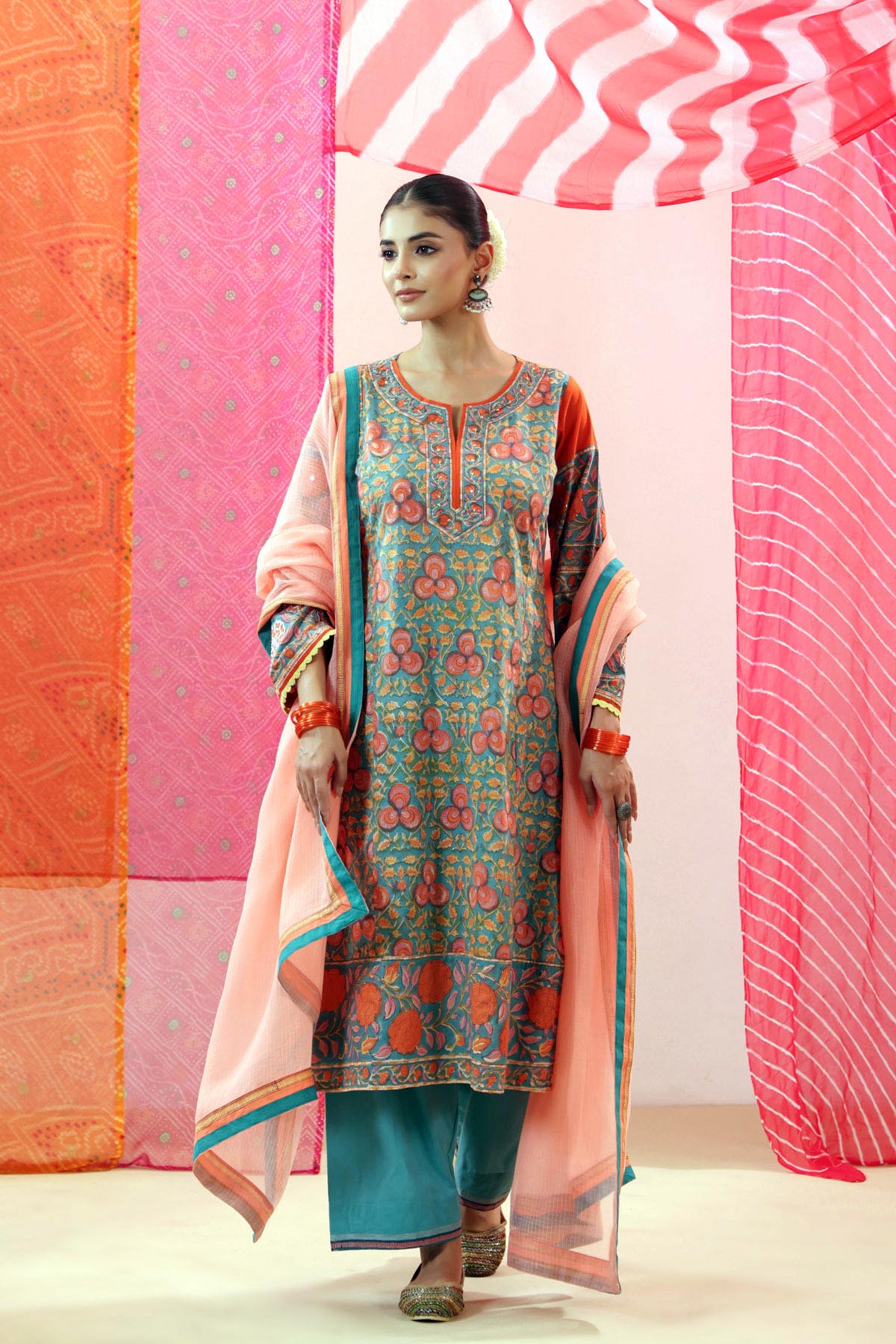 Teal Handblock Printed Kurta