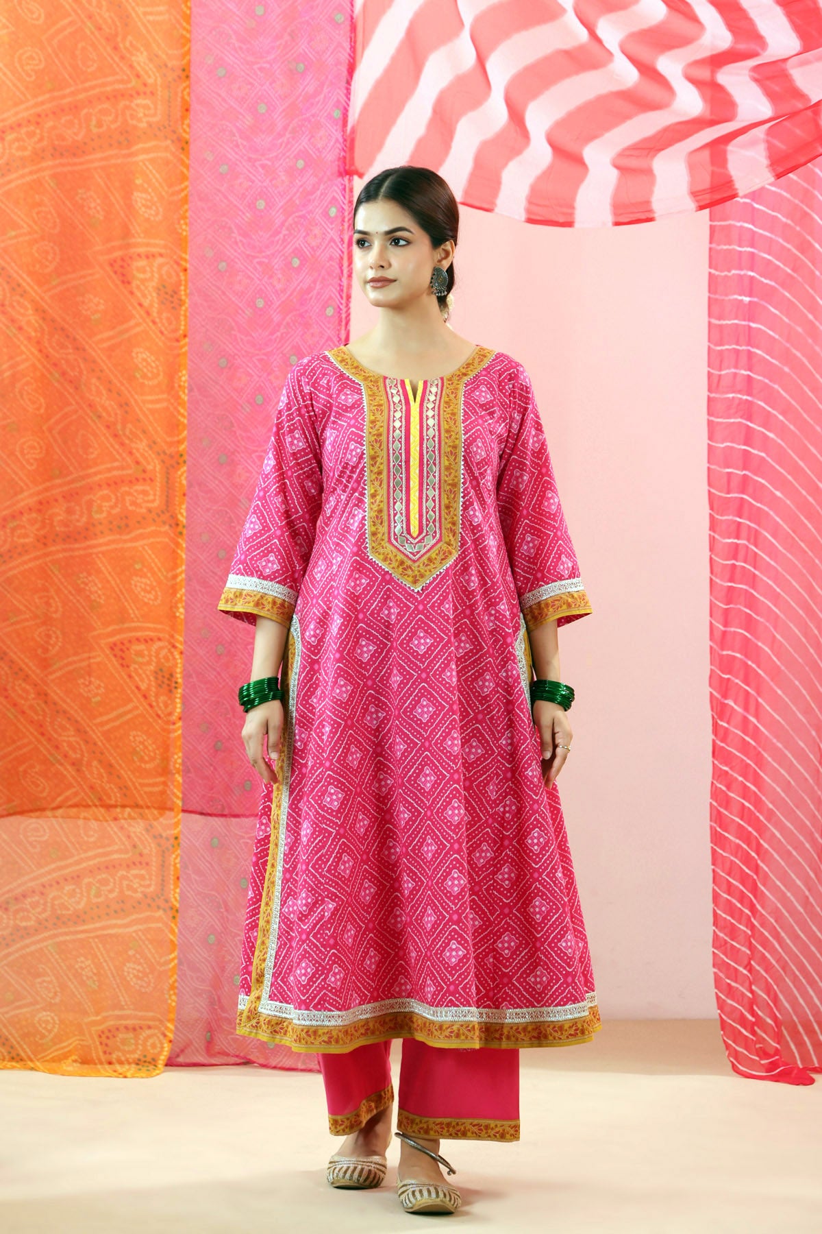 Rani Bandhej Print Cotton A-line Kurta with Gota Work