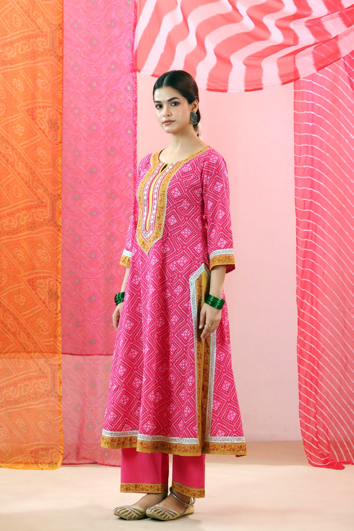 Rani Bandhej Print Cotton A-line Kurta with Gota Work