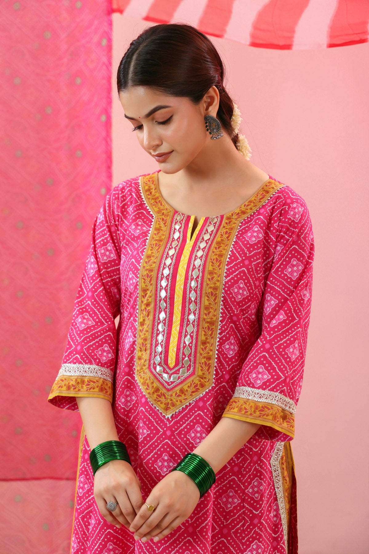 Rani Bandhej Print Cotton A-line Kurta with Gota Work