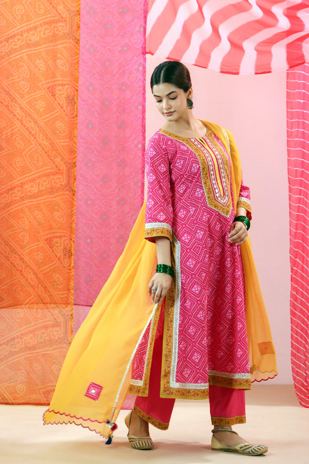 Rani Bandhej Print Cotton A-line Kurta with Gota Work