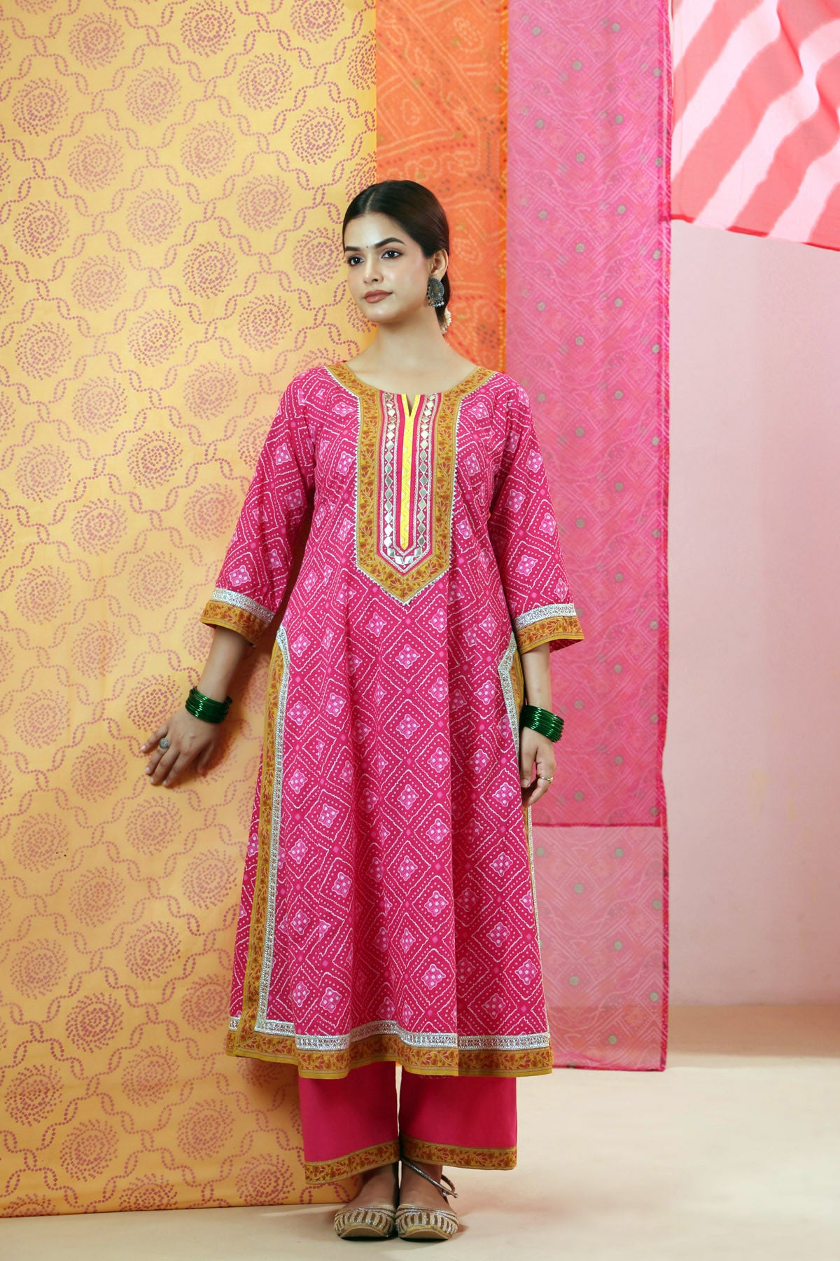 Rani Bandhej Print Cotton A-line Kurta with Gota Work