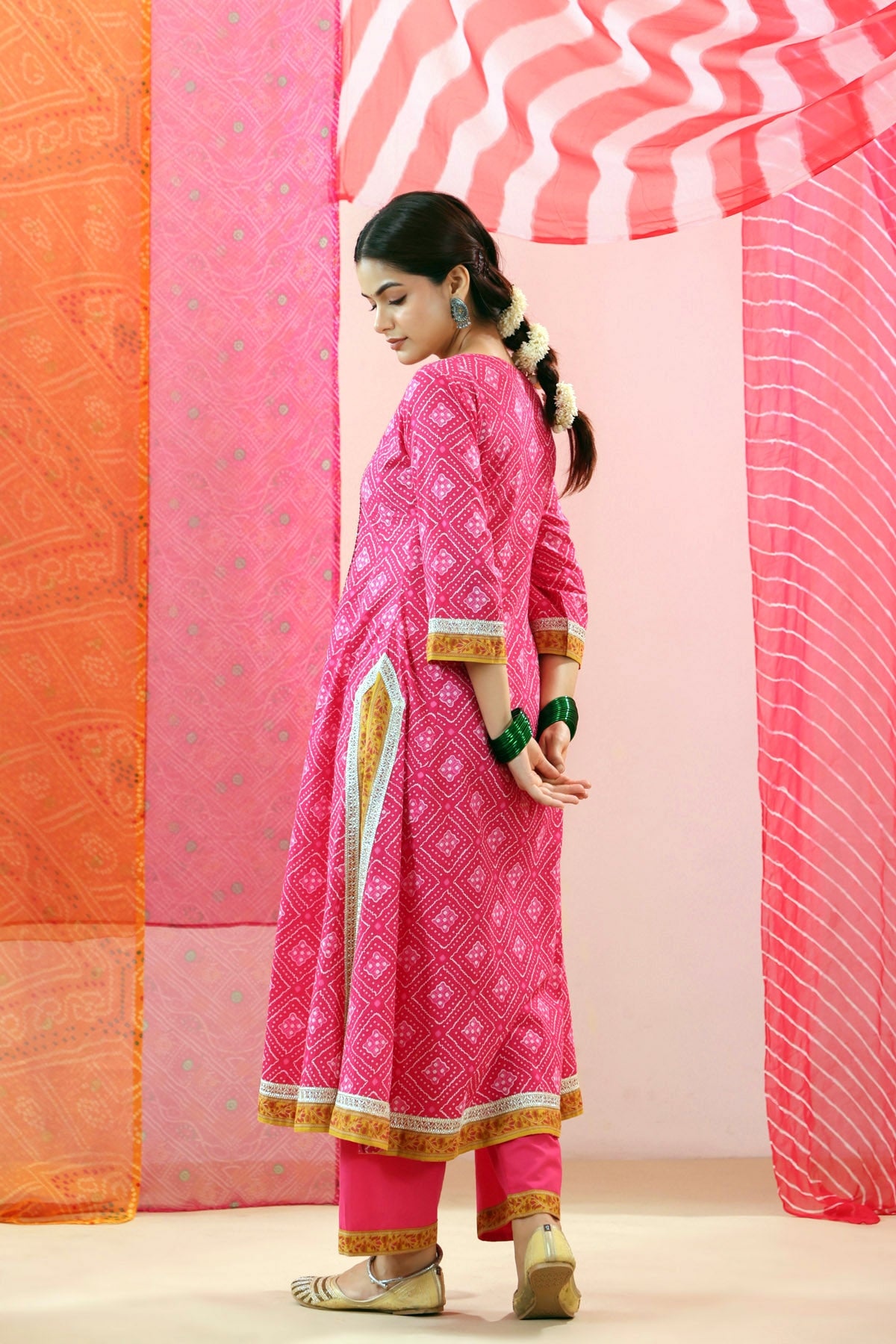 Rani Bandhej Print Cotton A-line Kurta with Gota Work