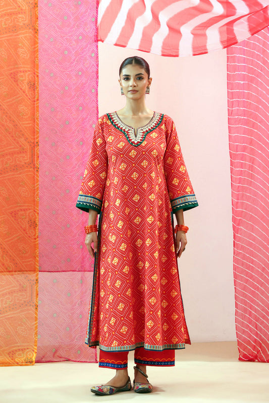 Red Bandhej Print Cotton A-line Kurta