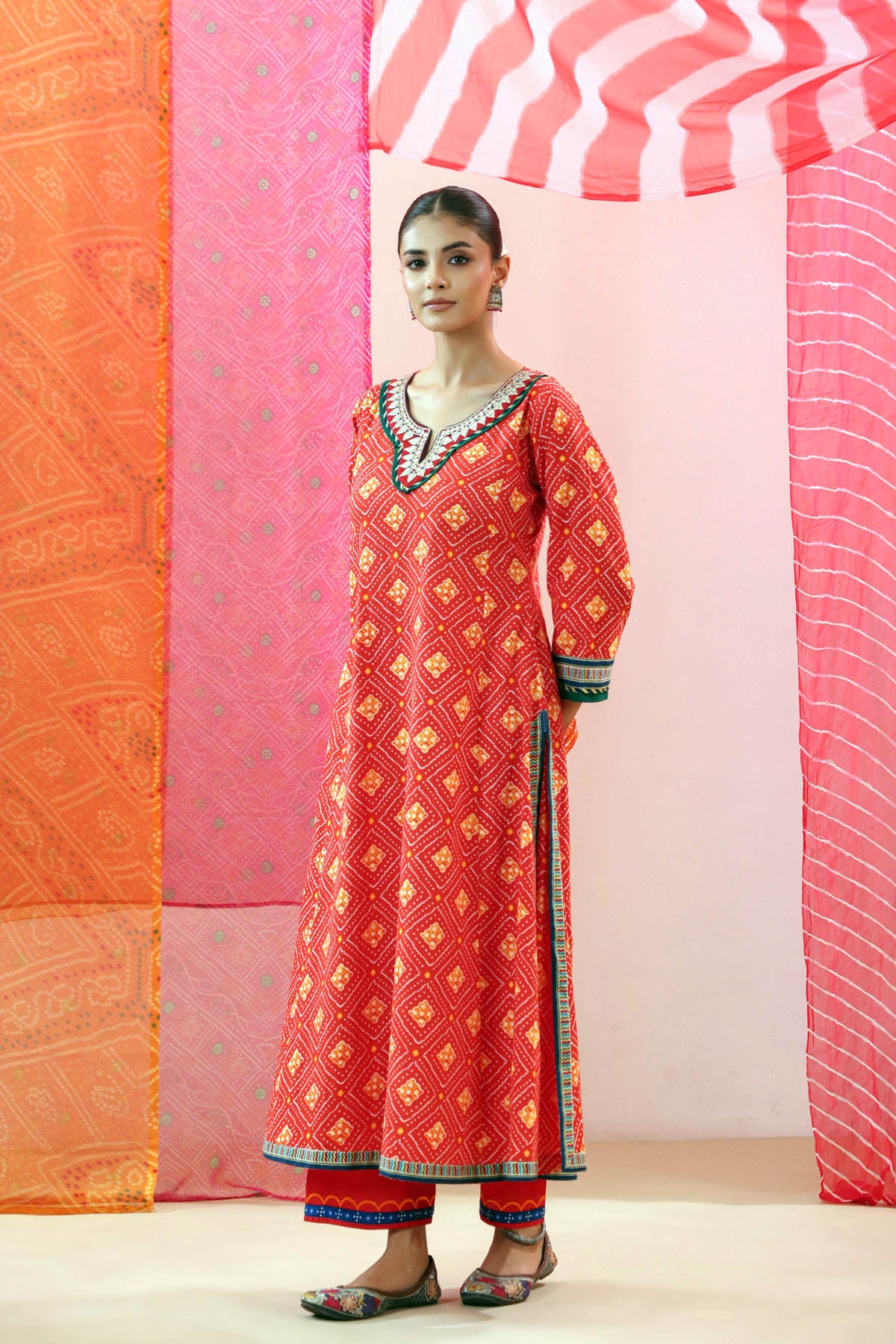 Red Bandhej Print Cotton A-line Kurta