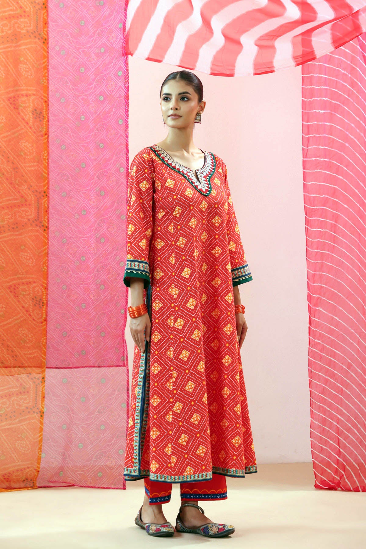 Red Bandhej Print Cotton A-line Kurta