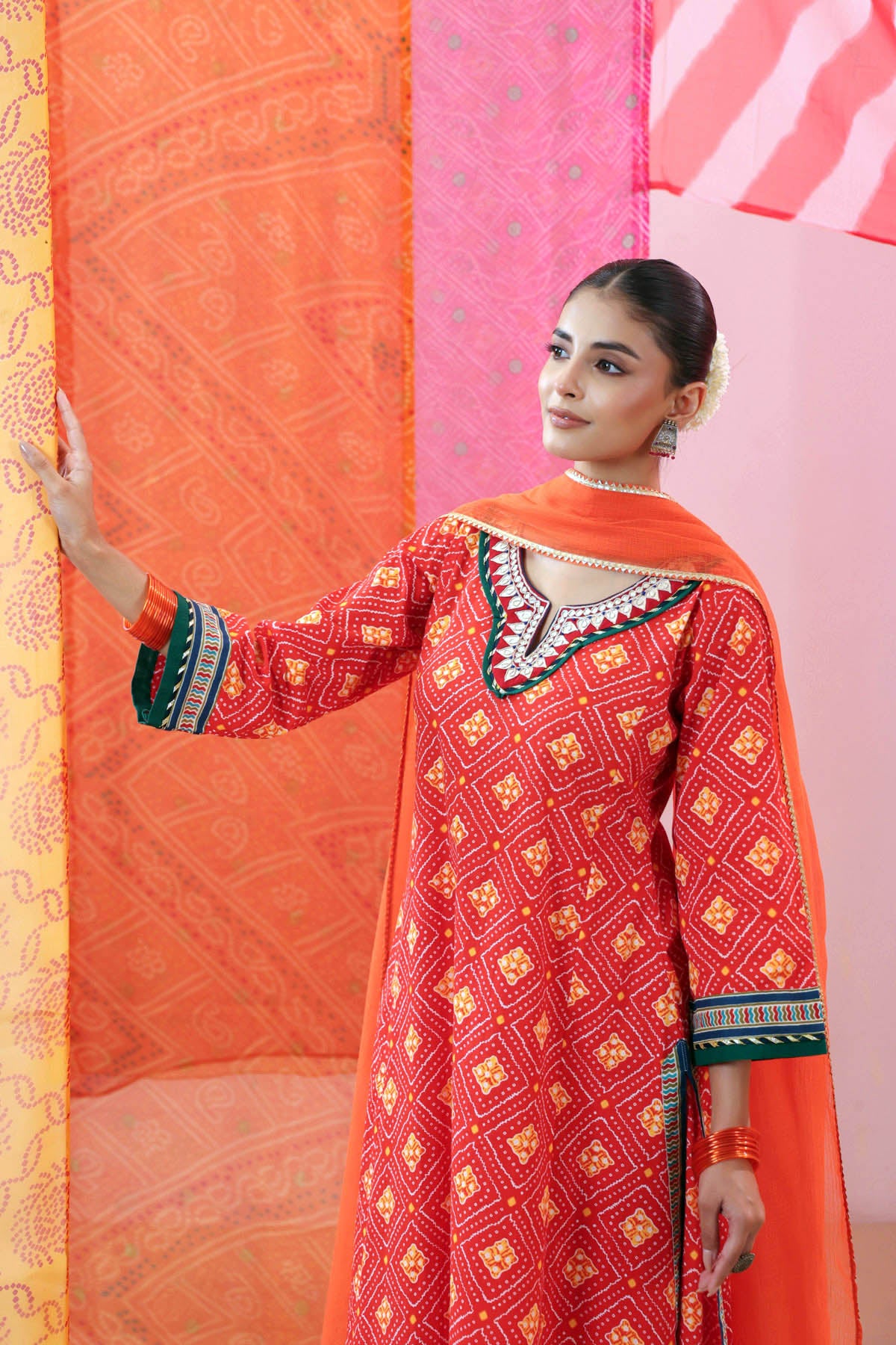 Red Bandhej Print Cotton A-line Kurta