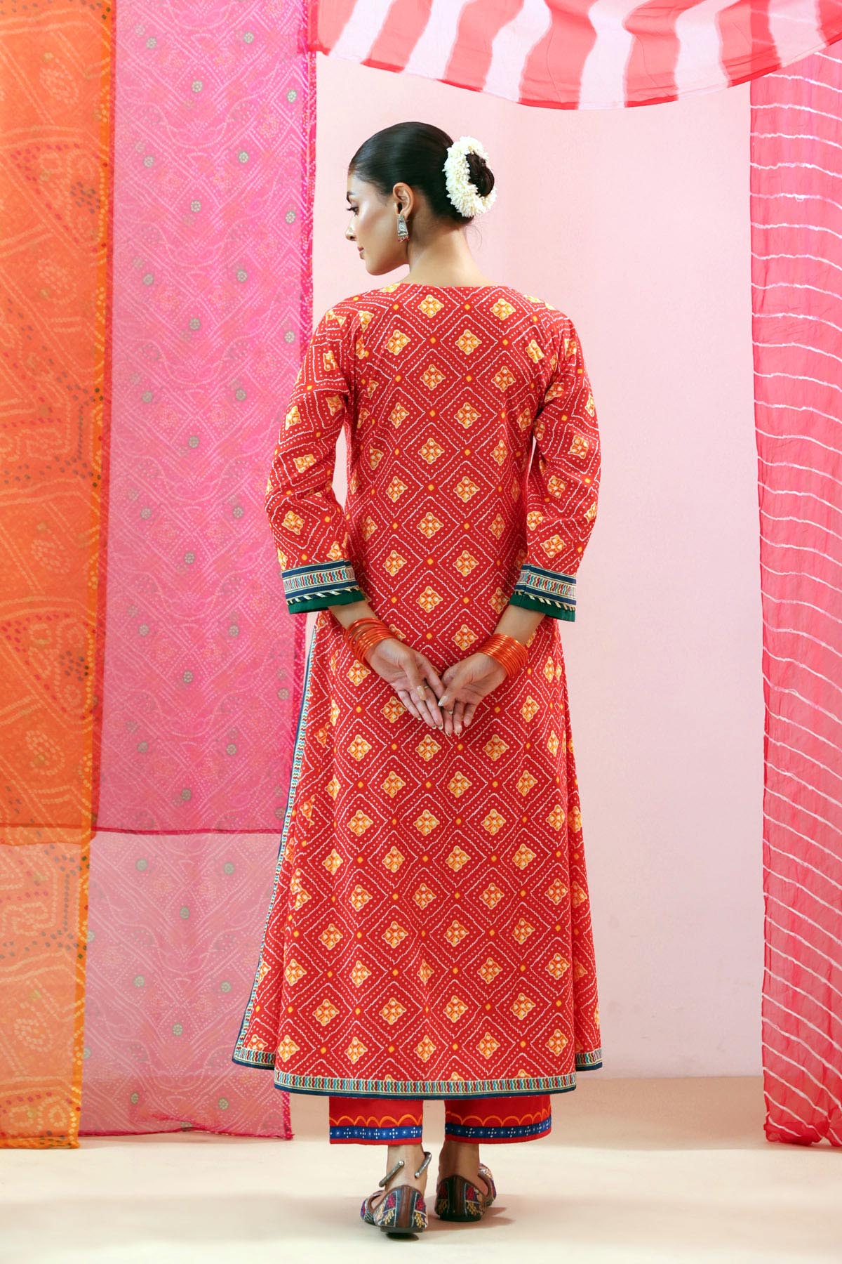 Red Bandhej Print Cotton A-line Kurta