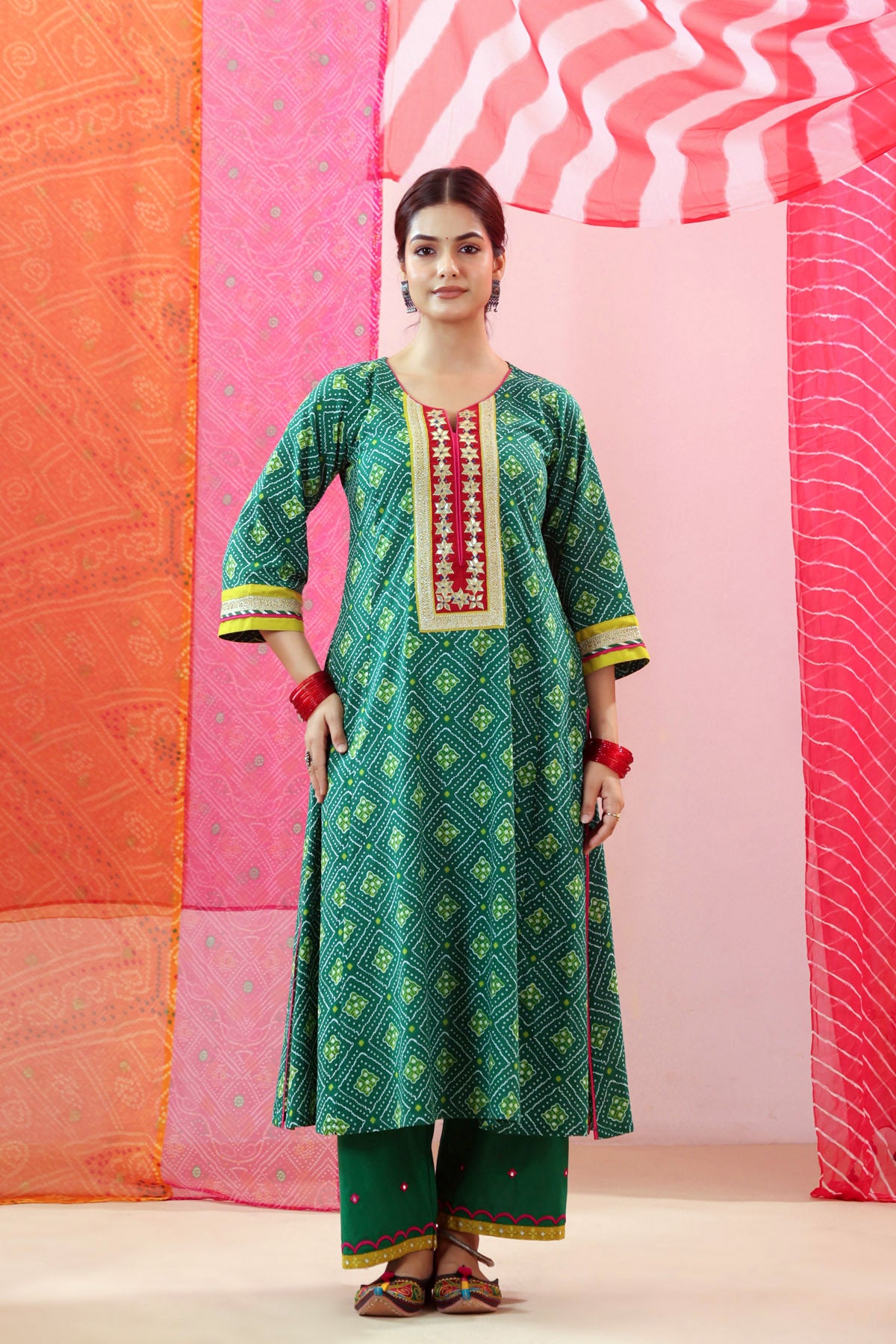 Green Bandhej Print Cotton A-line Kurta with Gota Work