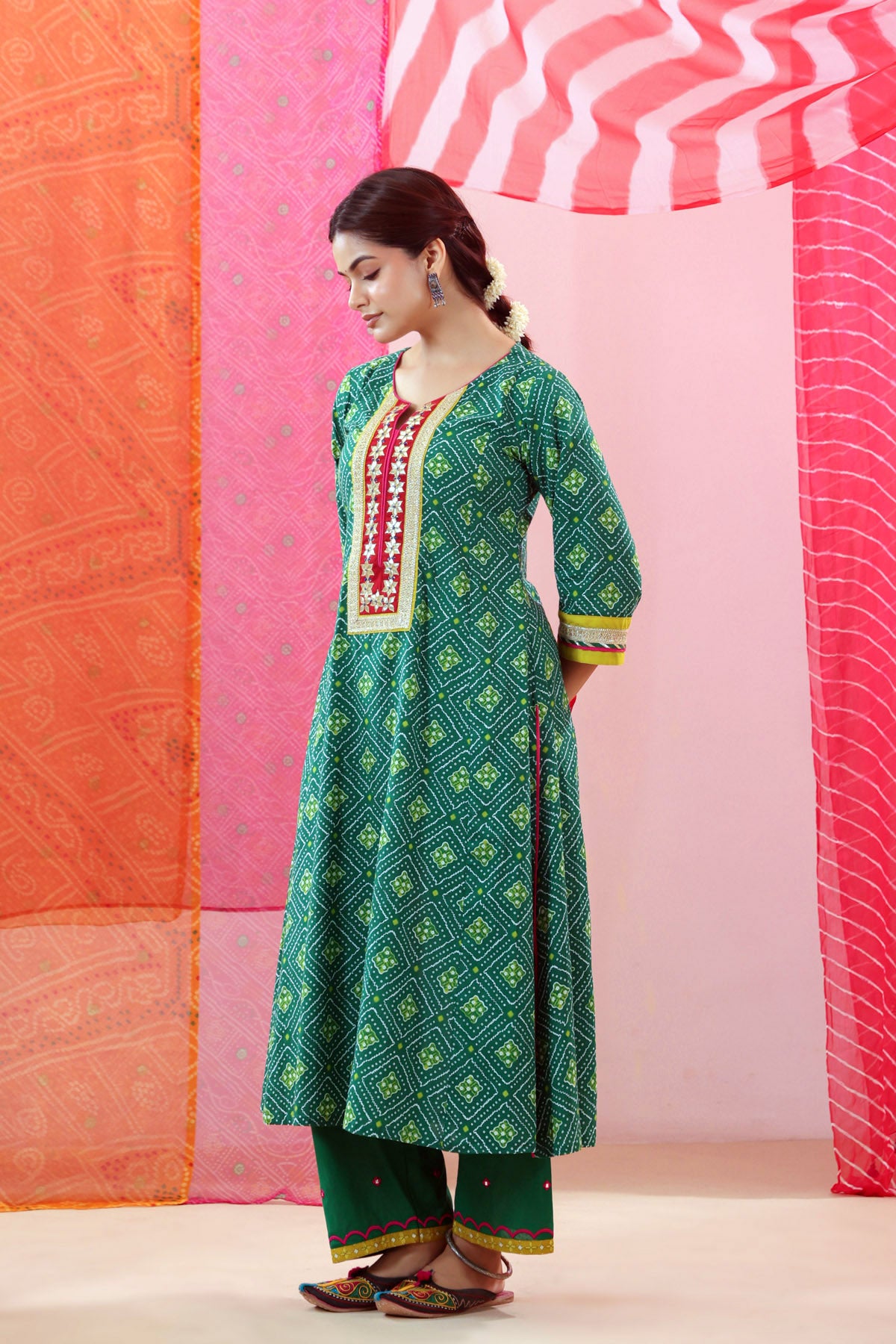 Green Bandhej Print Cotton A-line Kurta with Gota Work