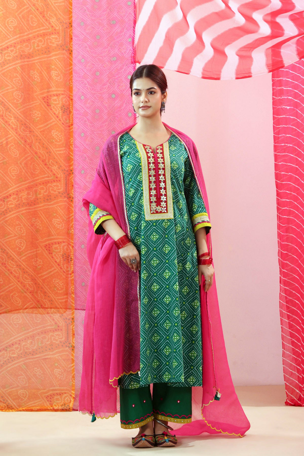 Green Bandhej Print Cotton A-line Kurta with Gota Work