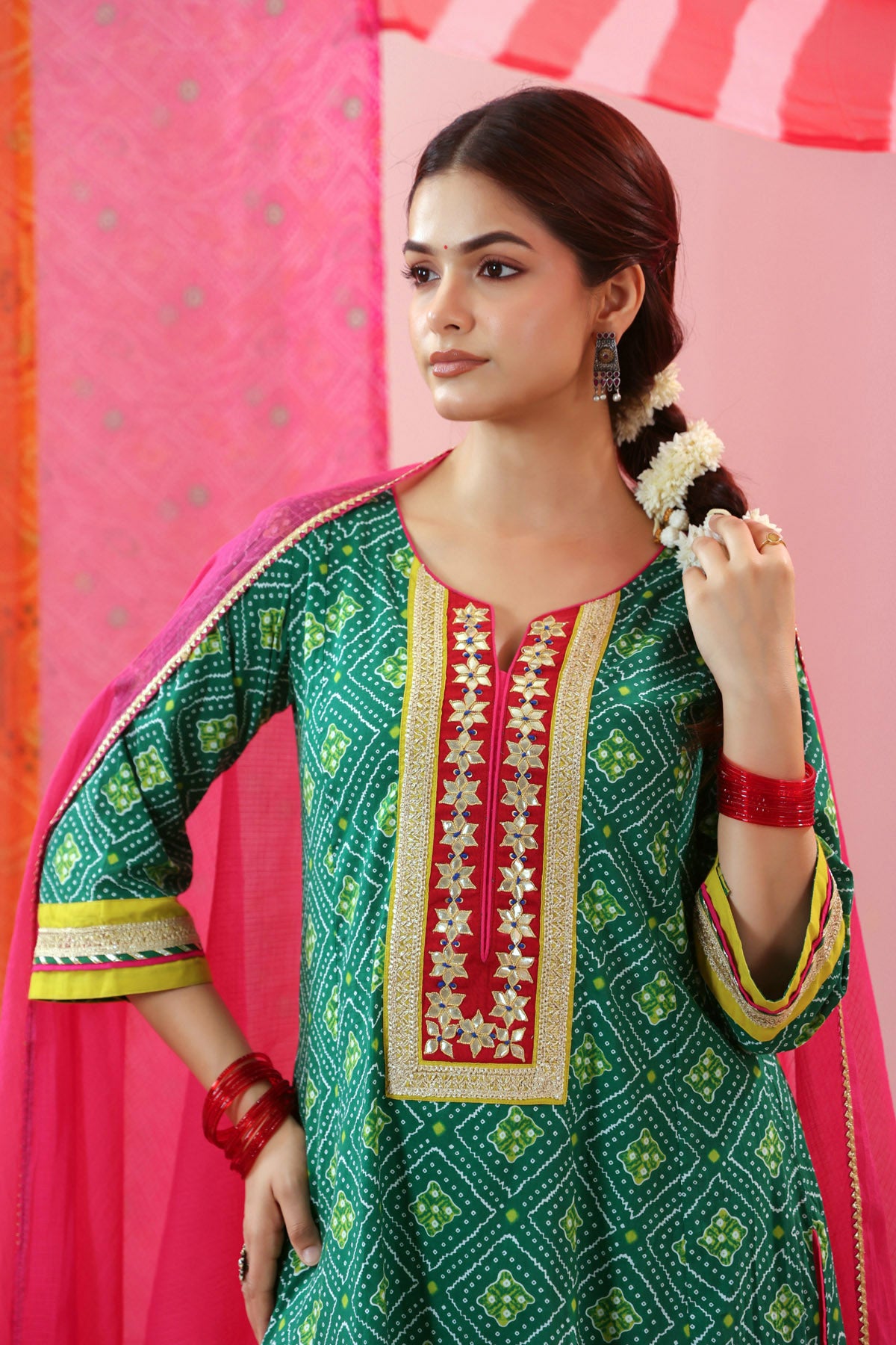 Green Bandhej Print Cotton A-line Kurta with Gota Work