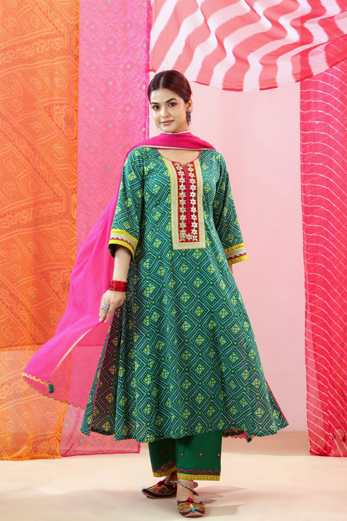 Green Bandhej Print Cotton A-line Kurta with Gota Work