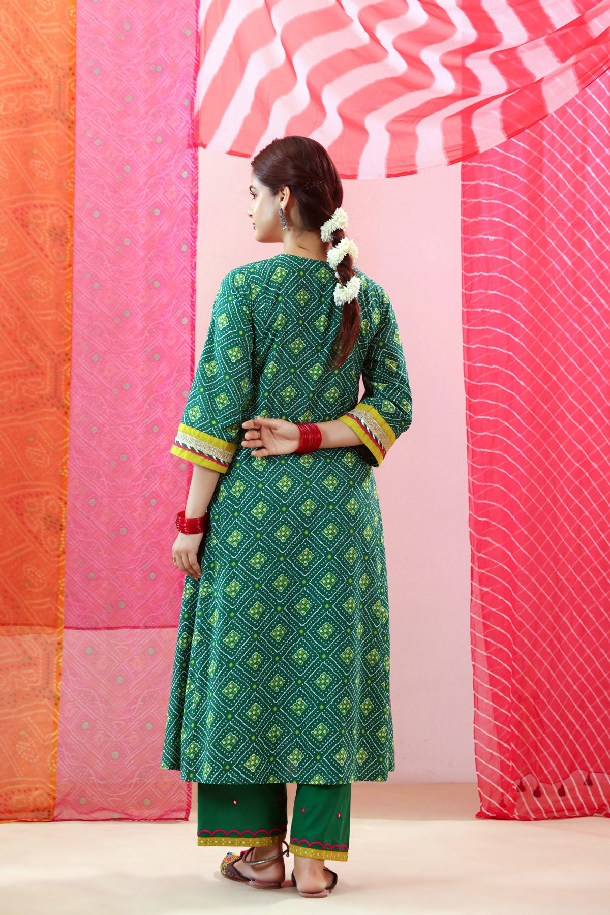 Green Bandhej Print Cotton A-line Kurta with Gota Work