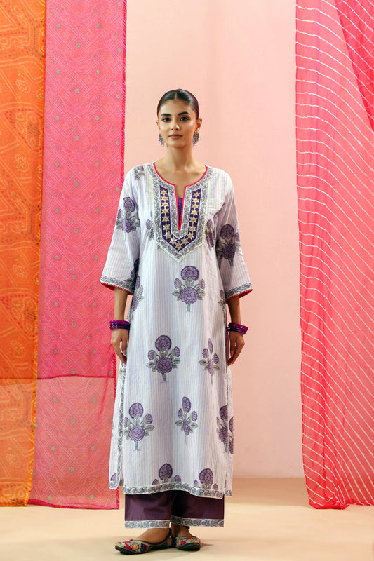 Purple Striped Handblock Printed Kurta