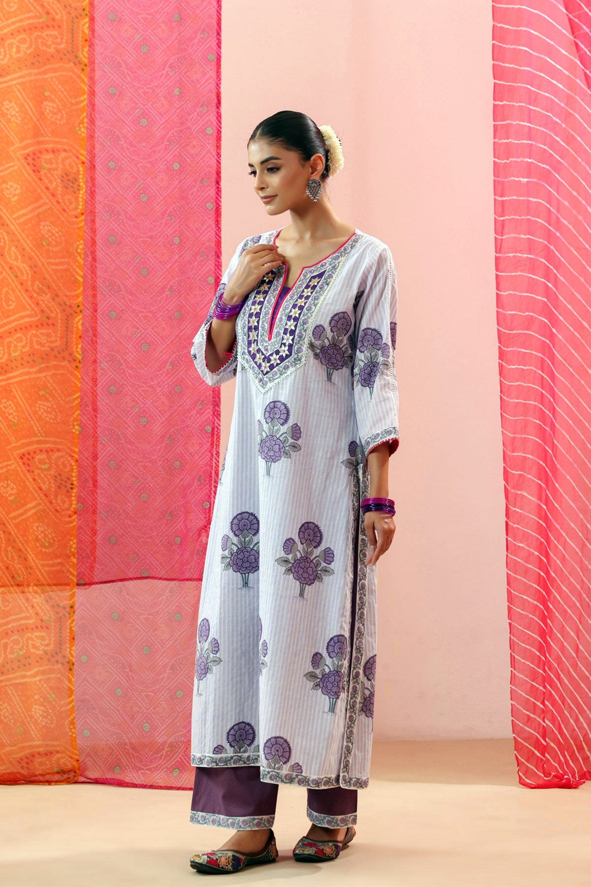 Purple Striped Handblock Printed Kurta