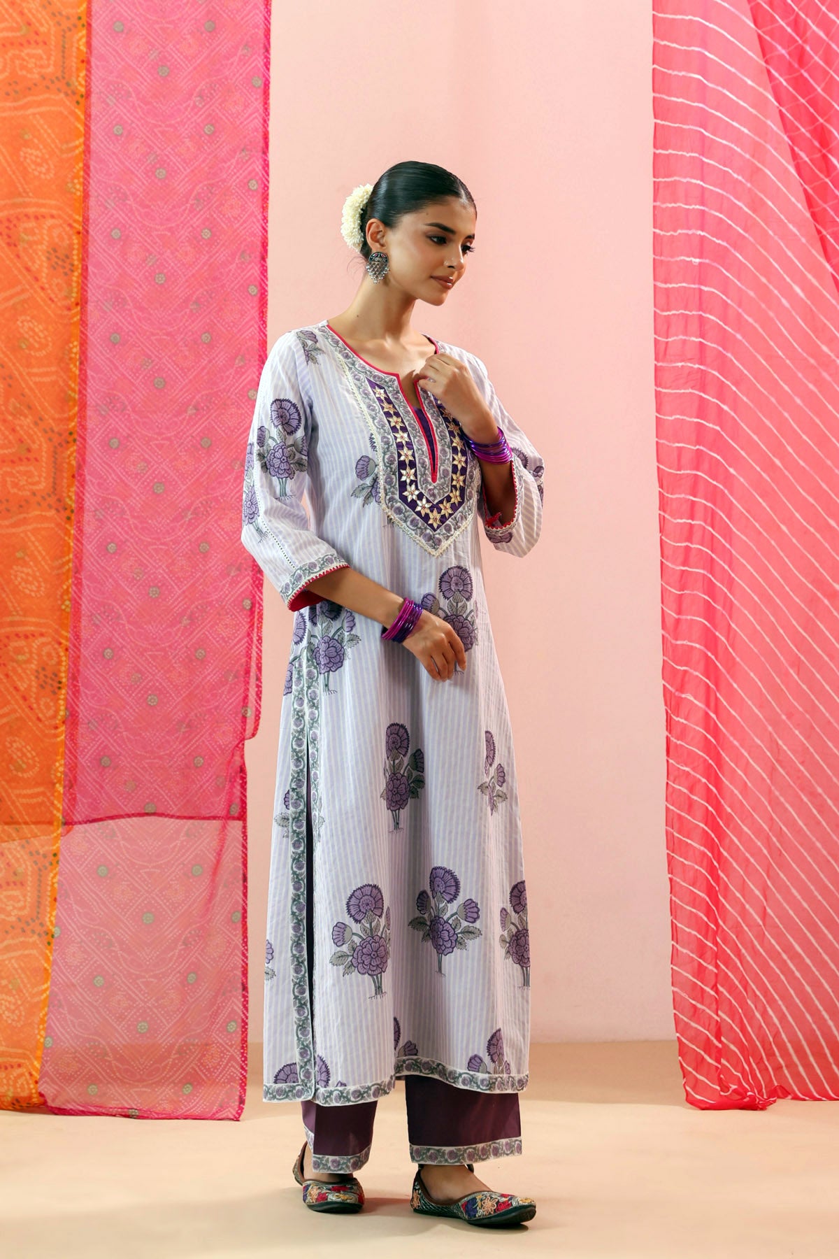 Purple Striped Handblock Printed Kurta