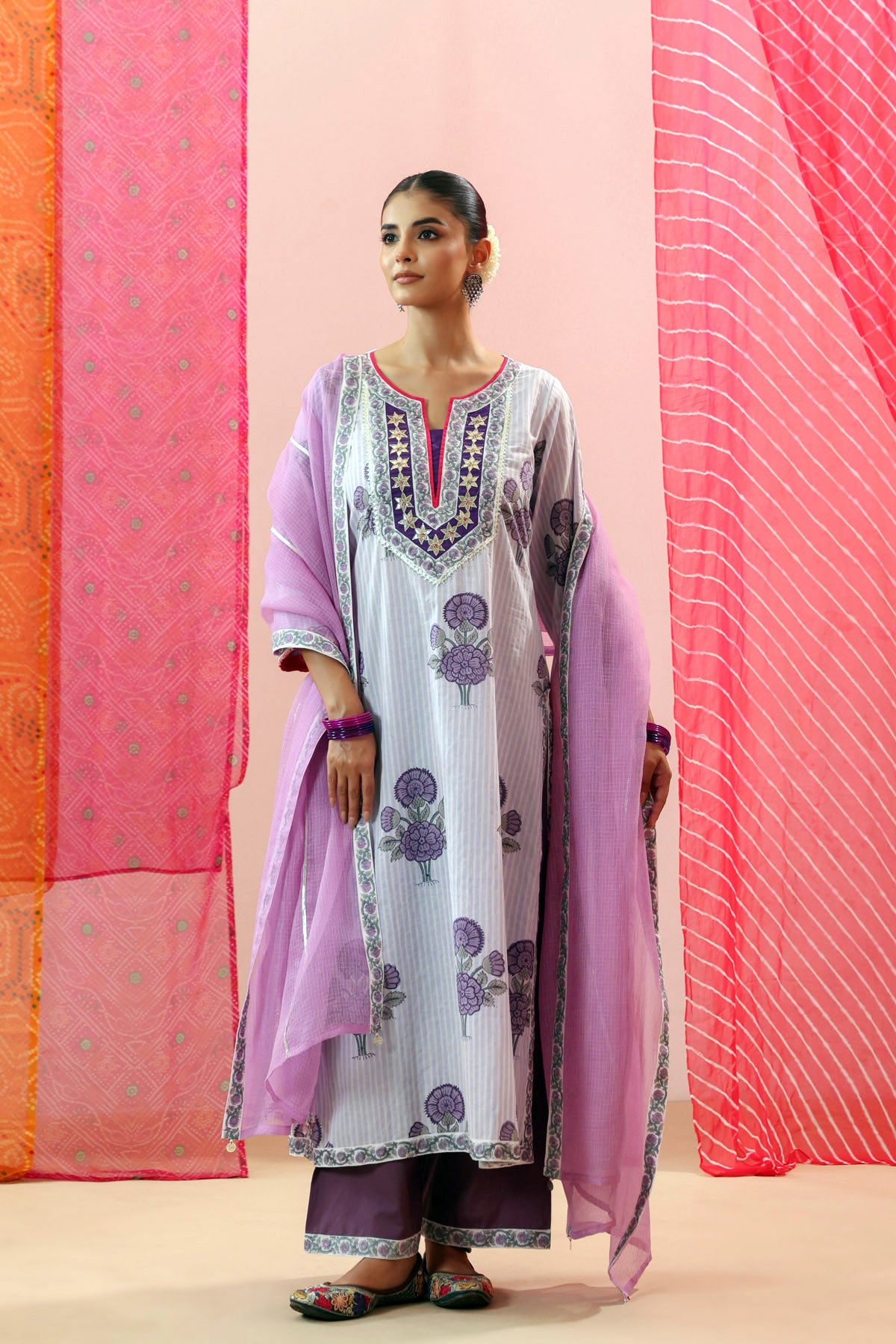 Purple Striped Handblock Printed Kurta
