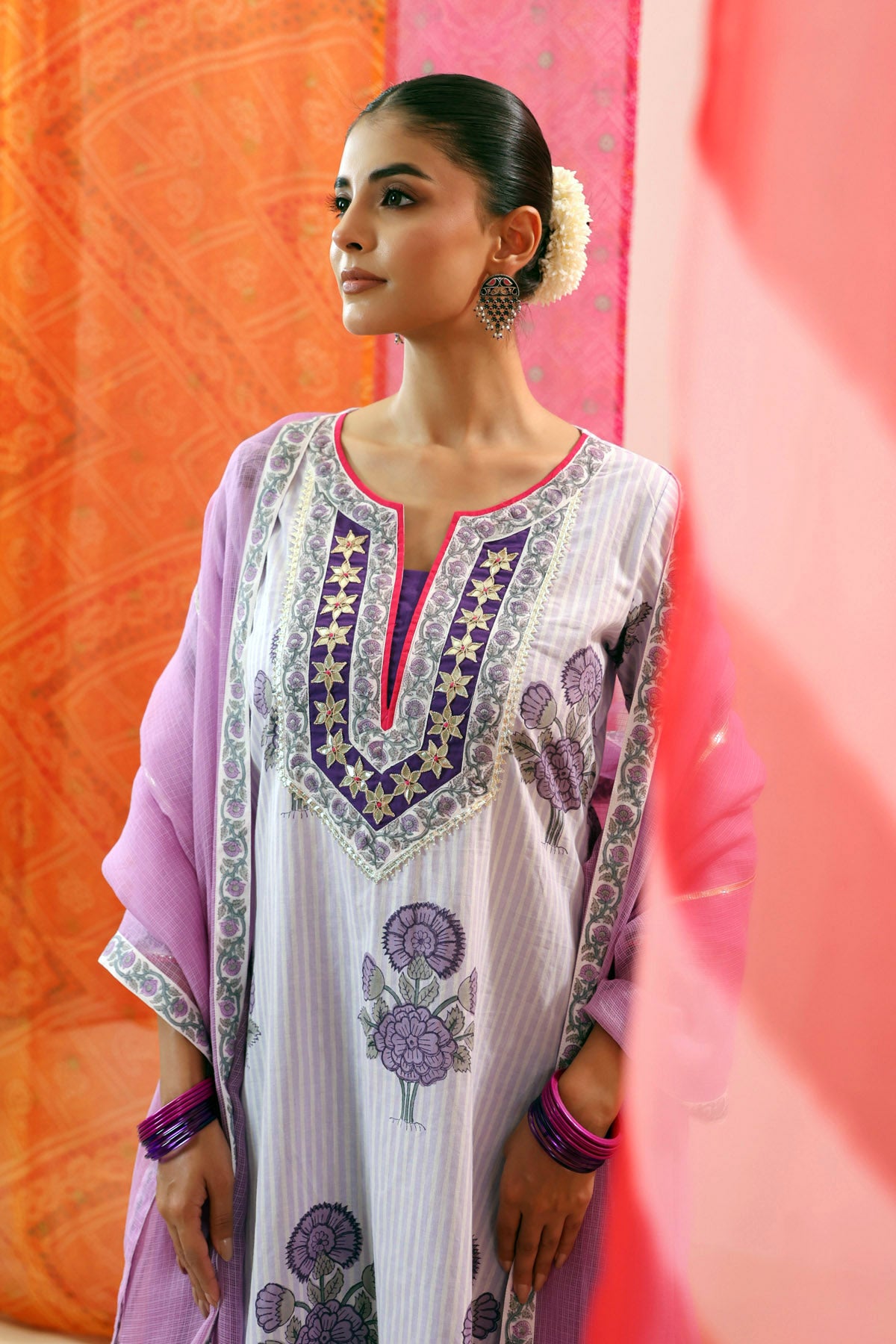 Purple Striped Handblock Printed Kurta