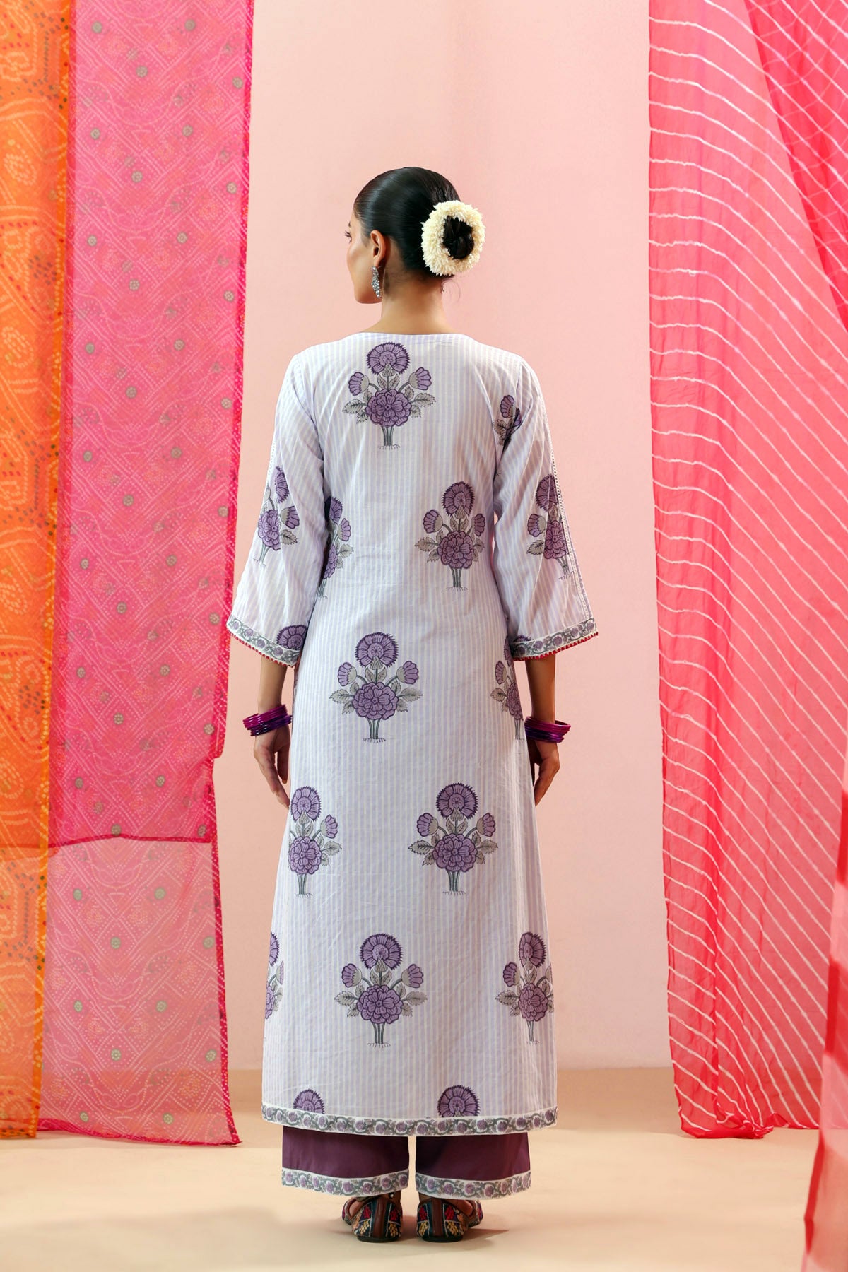 Purple Striped Handblock Printed Kurta